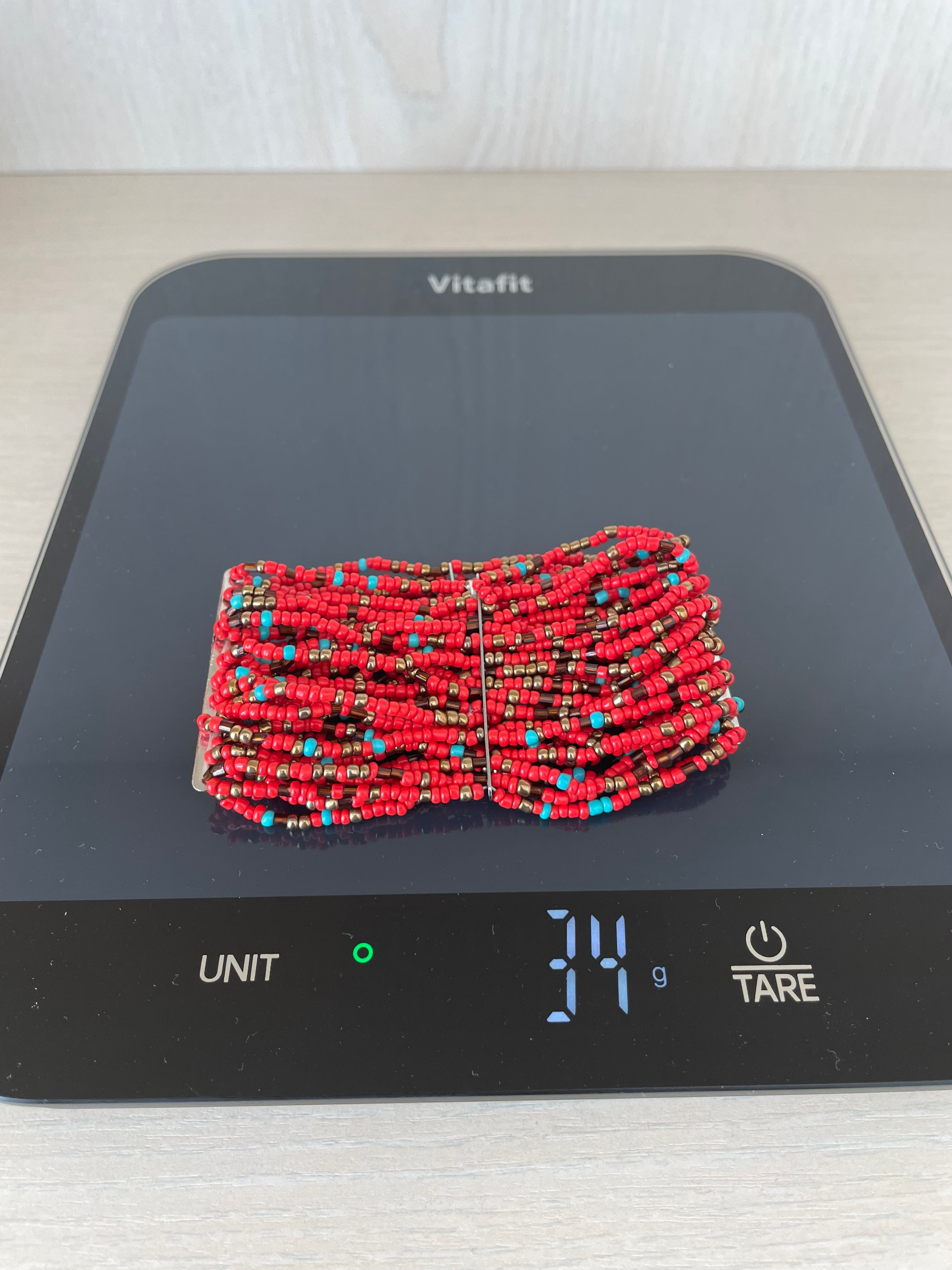 Handmade Otavalo Beaded Cuff Bracelet, Red Coral/Glass, Adjustable, Very Good