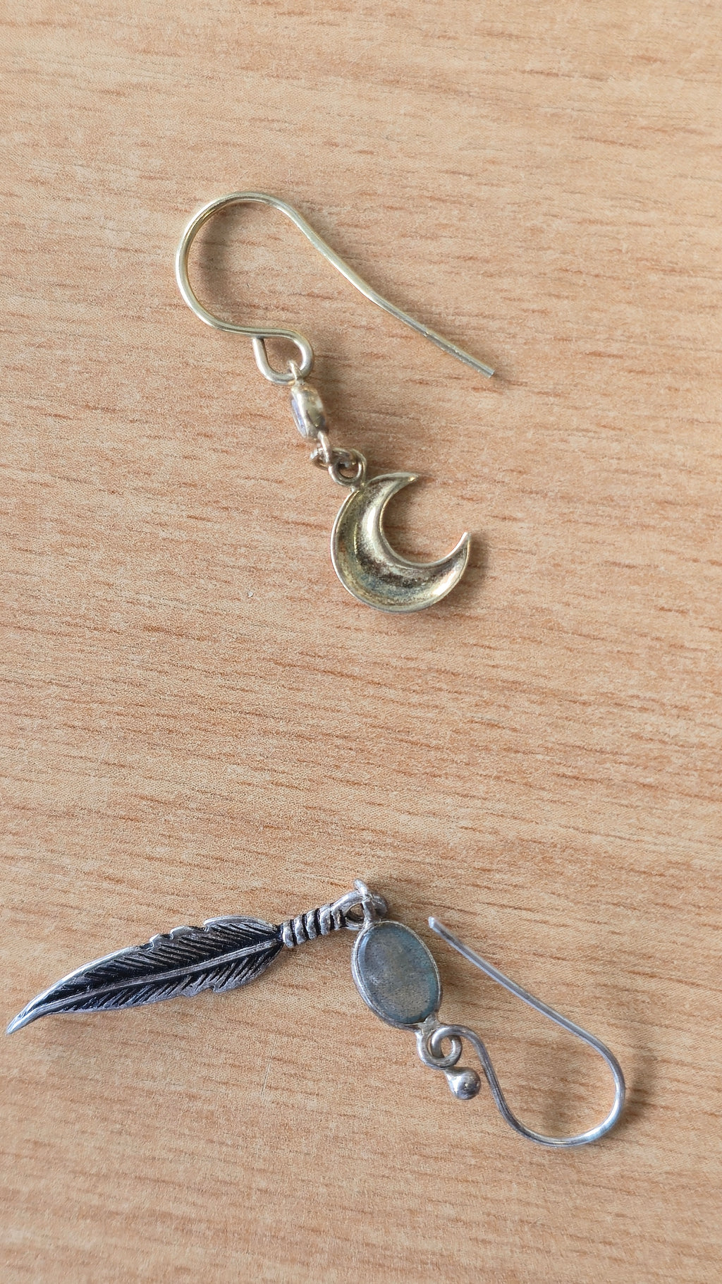 Hand-crafted Labradorite Moon & Feather Earrings, Silver/Gold, Medium, Very Good