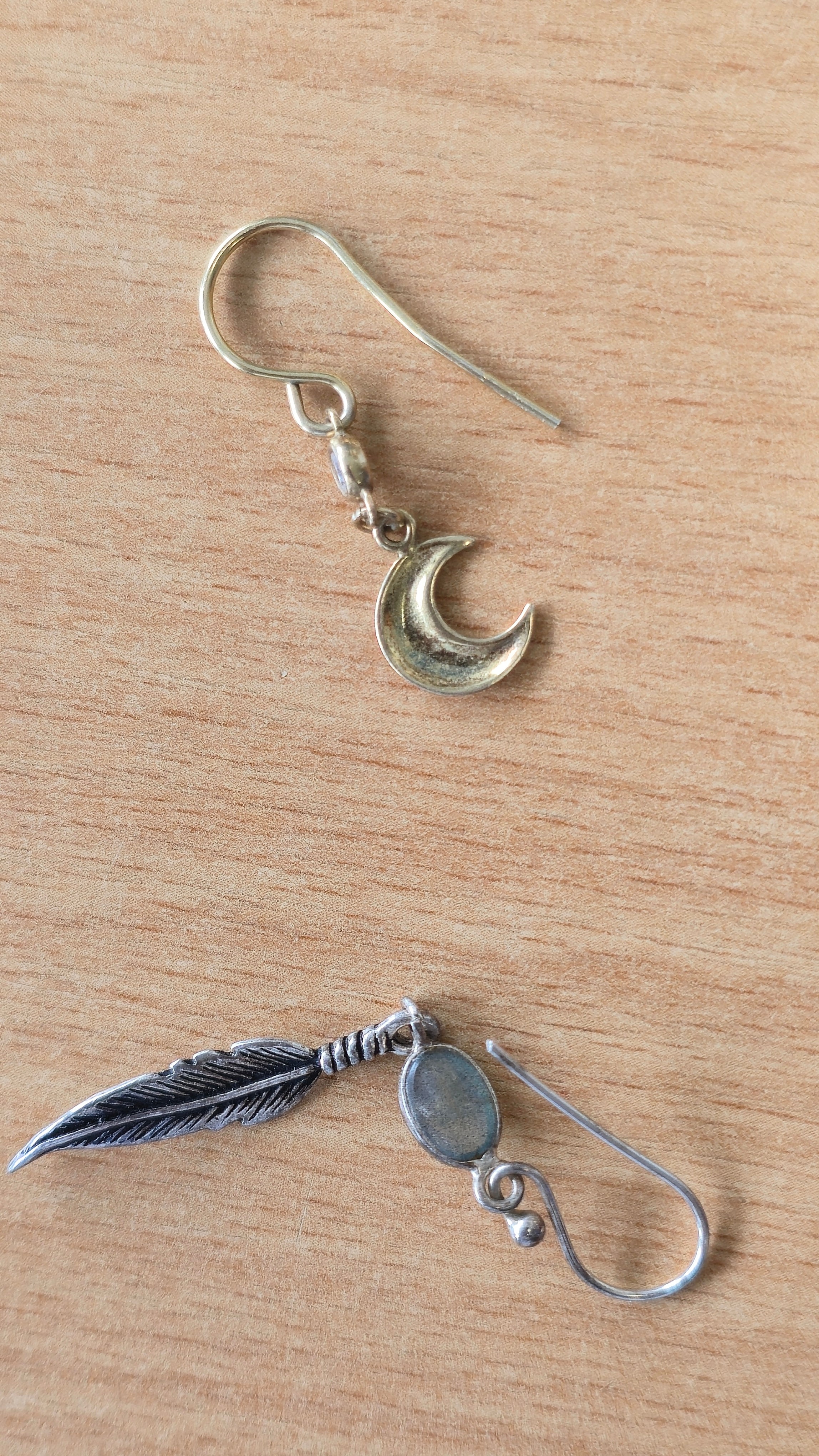 Hand-crafted Labradorite Moon & Feather Earrings, Silver/Gold, Medium, Very Good