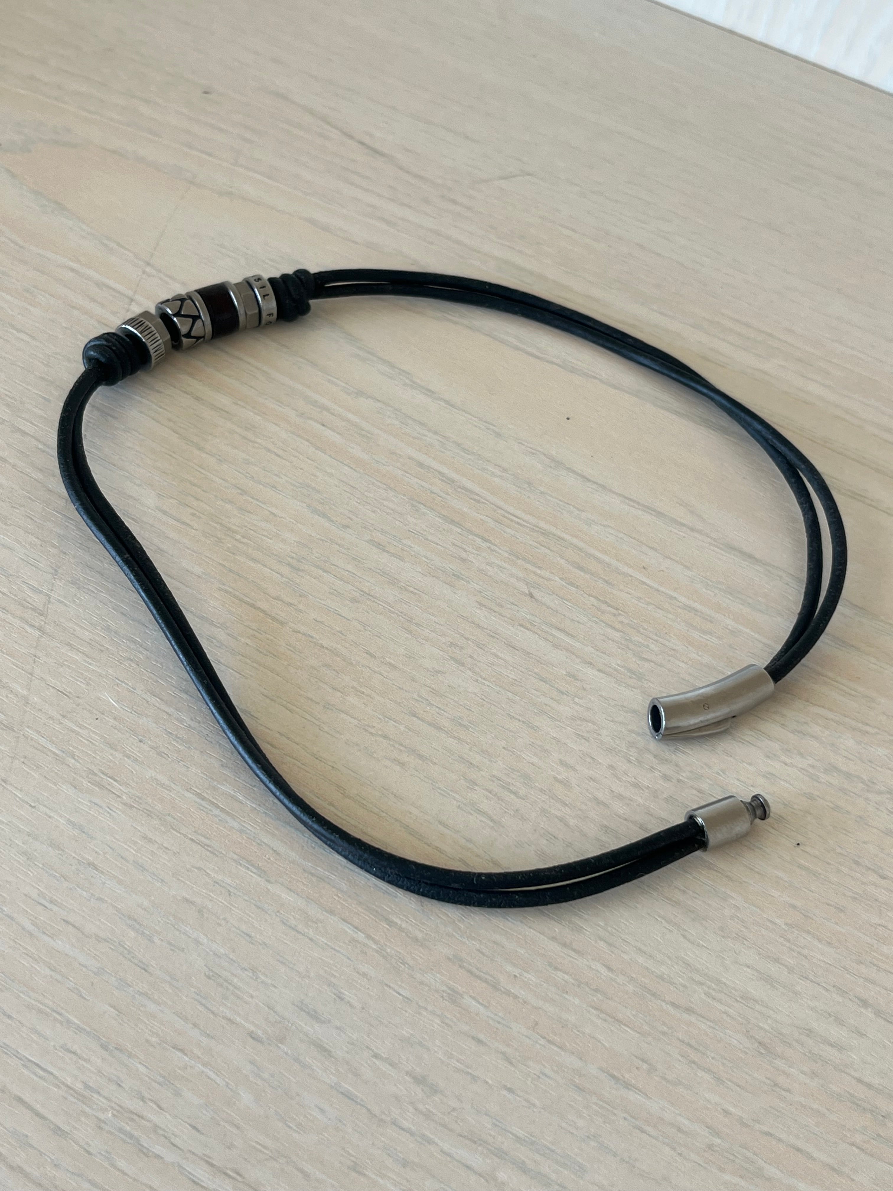 FOSSIL Herren Leder & Edelstahl Armband Set | Schwarz/Silber | Guter Zustand