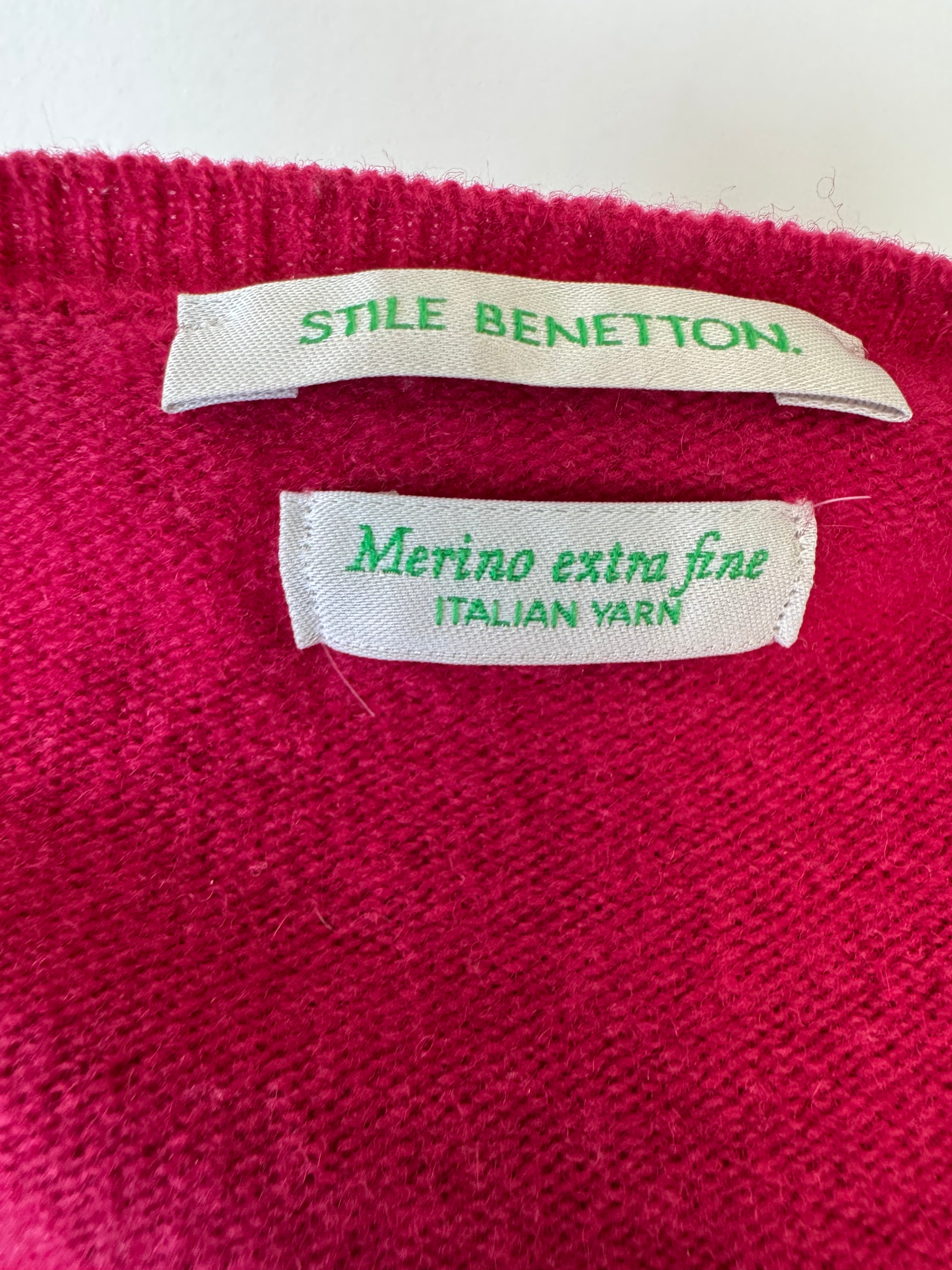 Stile Benetton Extra-Fine Merino Wool Cardigan Red Crew Neck Good Condition