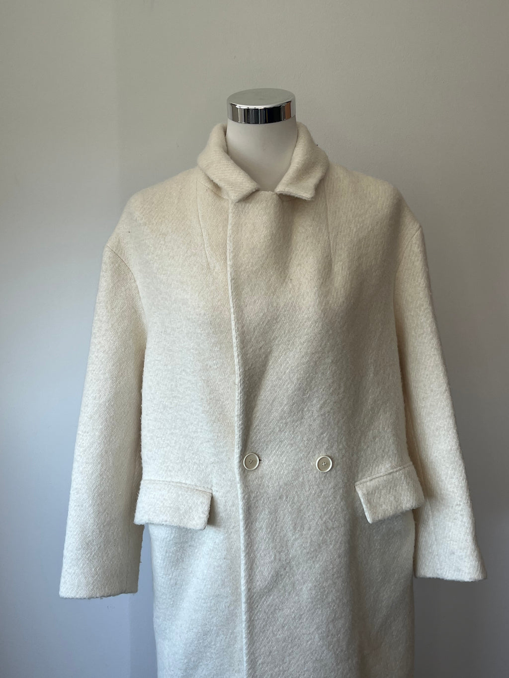 Zara Wool Blend Double-Breasted Coat, Ecru White, Size M, Poor Condition
