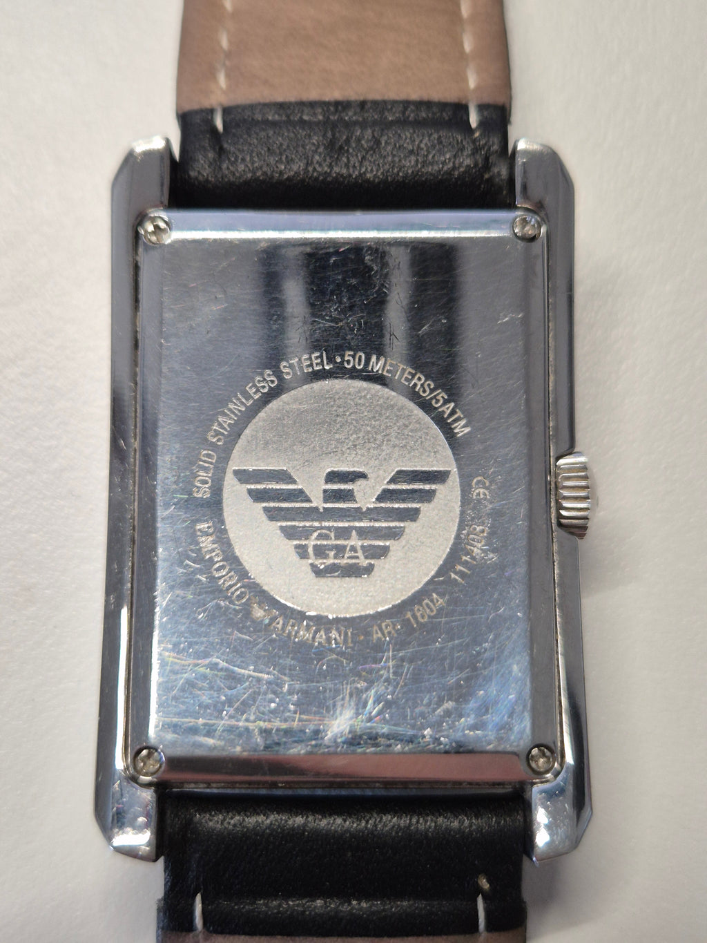 Emporio Armani AR0143 Men’s Rectangular Stainless Steel Watch Black Leather Strap