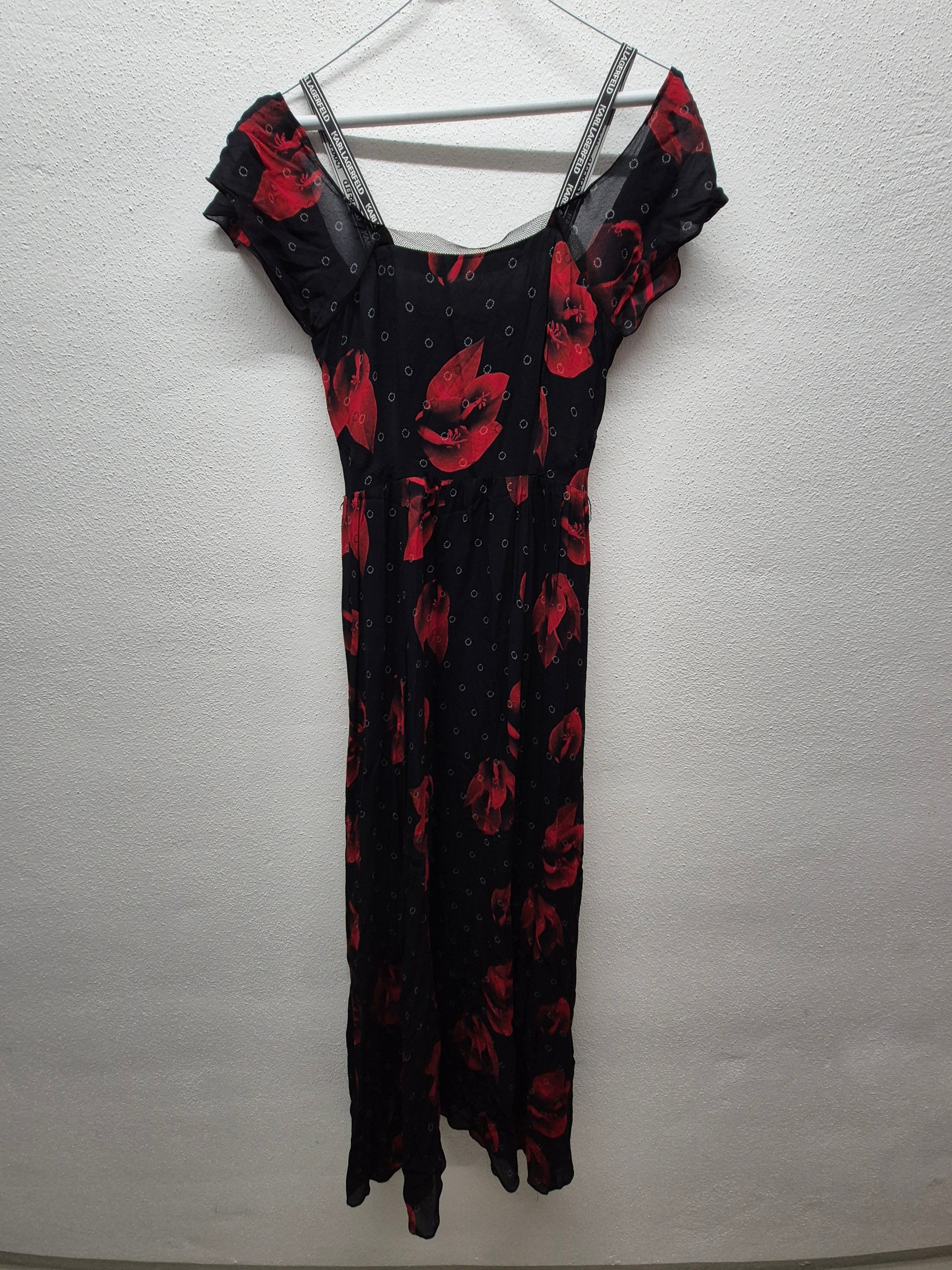 Karl Lagerfeld Plissiertes Blumen Maxikleid, XS (IT 38/FR 34), Schwarz/Rot, Sehr Gut