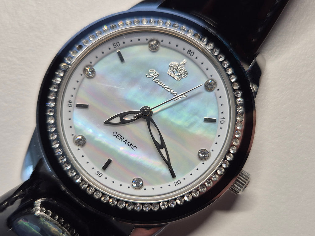 Romanoff Damen Uhr 5278 – Keramiklünette, MOP-Zifferblatt, Lederarmband, 32mm