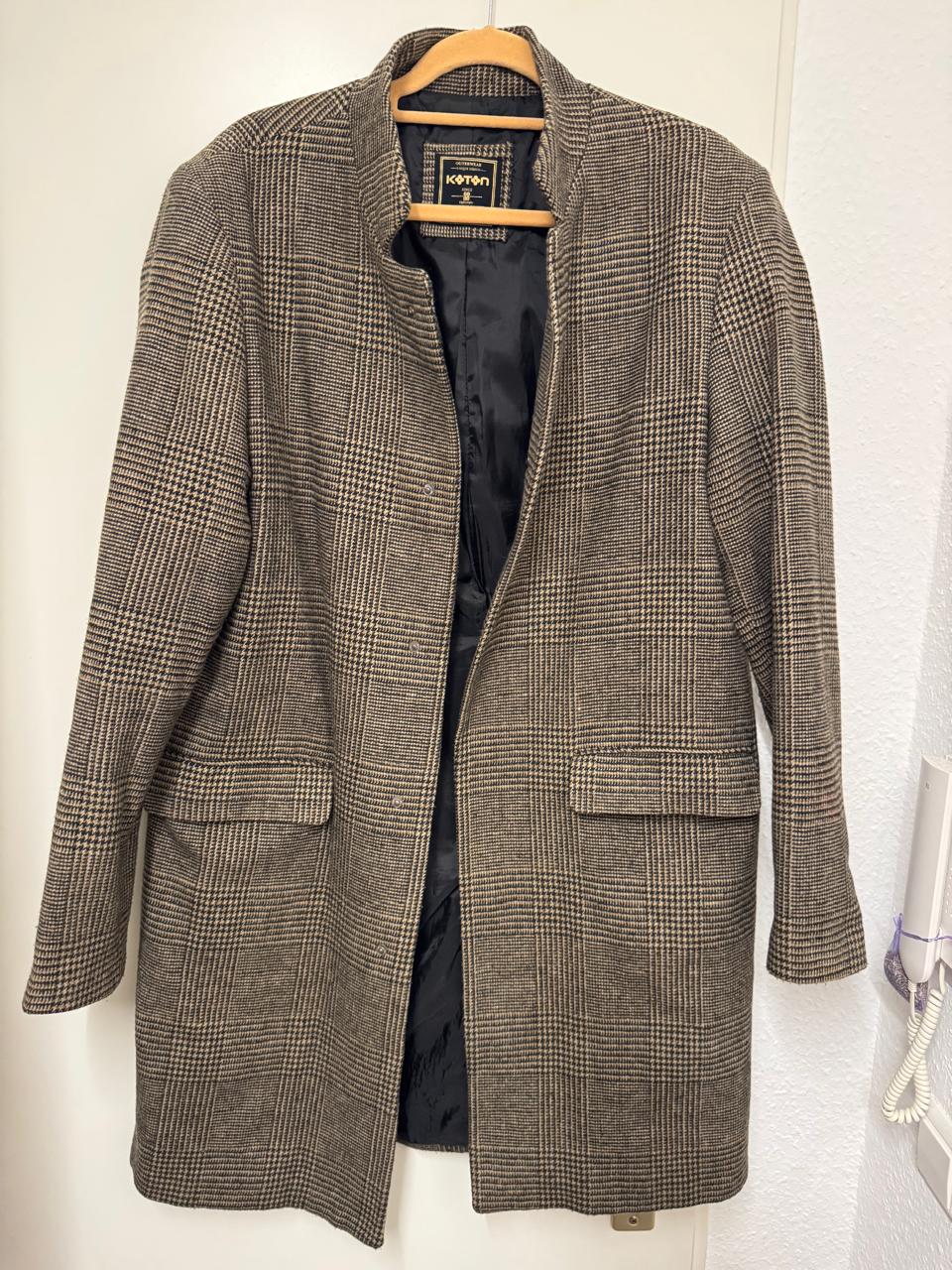 Koton Long Plaid Coat, Size L, Beige Checked, Like New