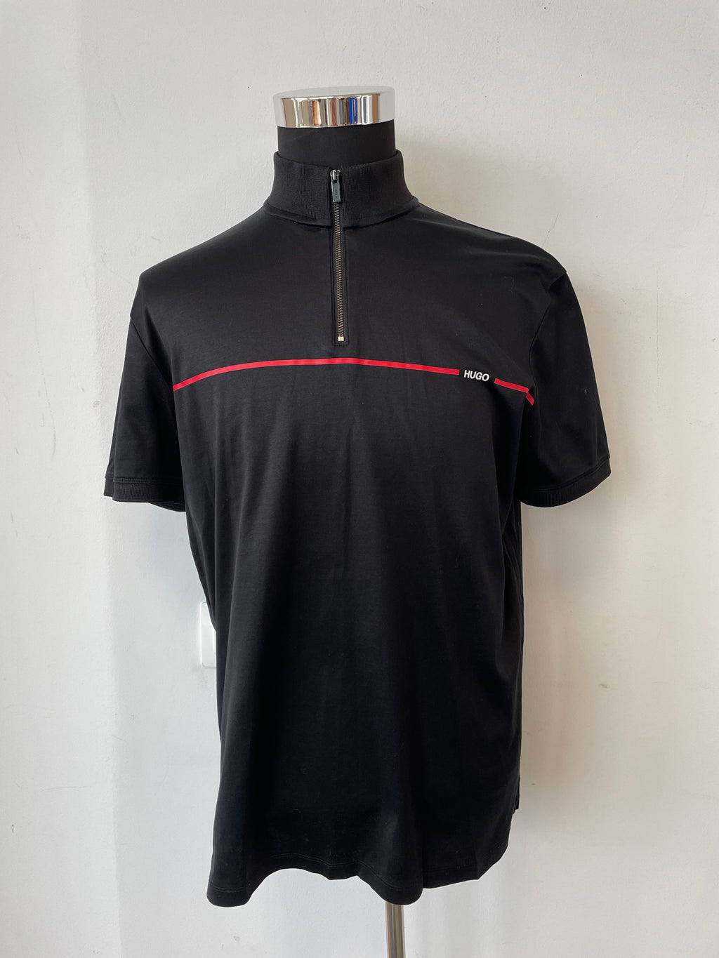HUGO by Hugo Boss Quarter-Zip Polo, Black/Red Trim, Size M, Very Good