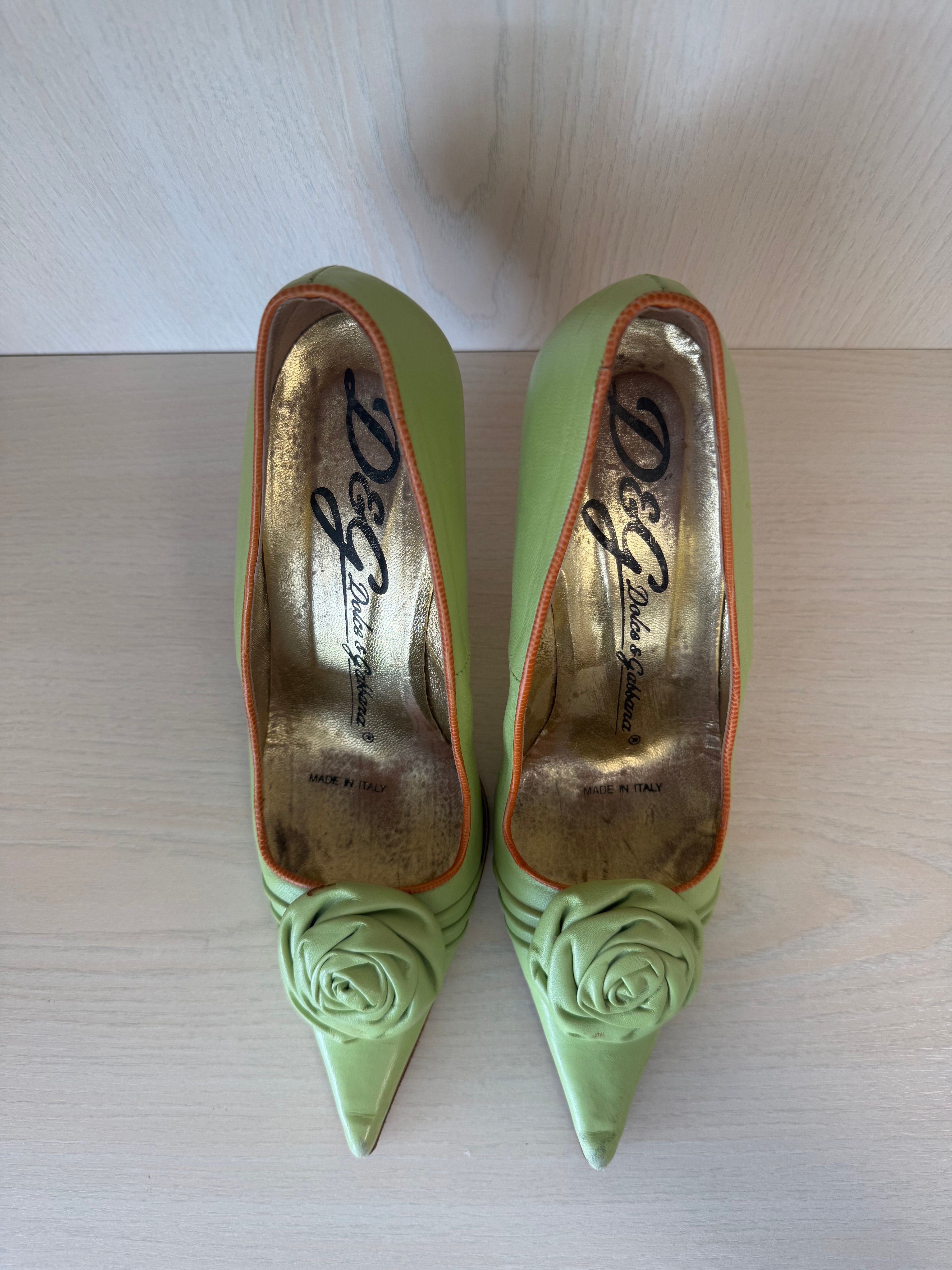Dolce & Gabbana Floral Kitten Heels 39 Apfelgrün Orange Leder 10cm Gebraucht