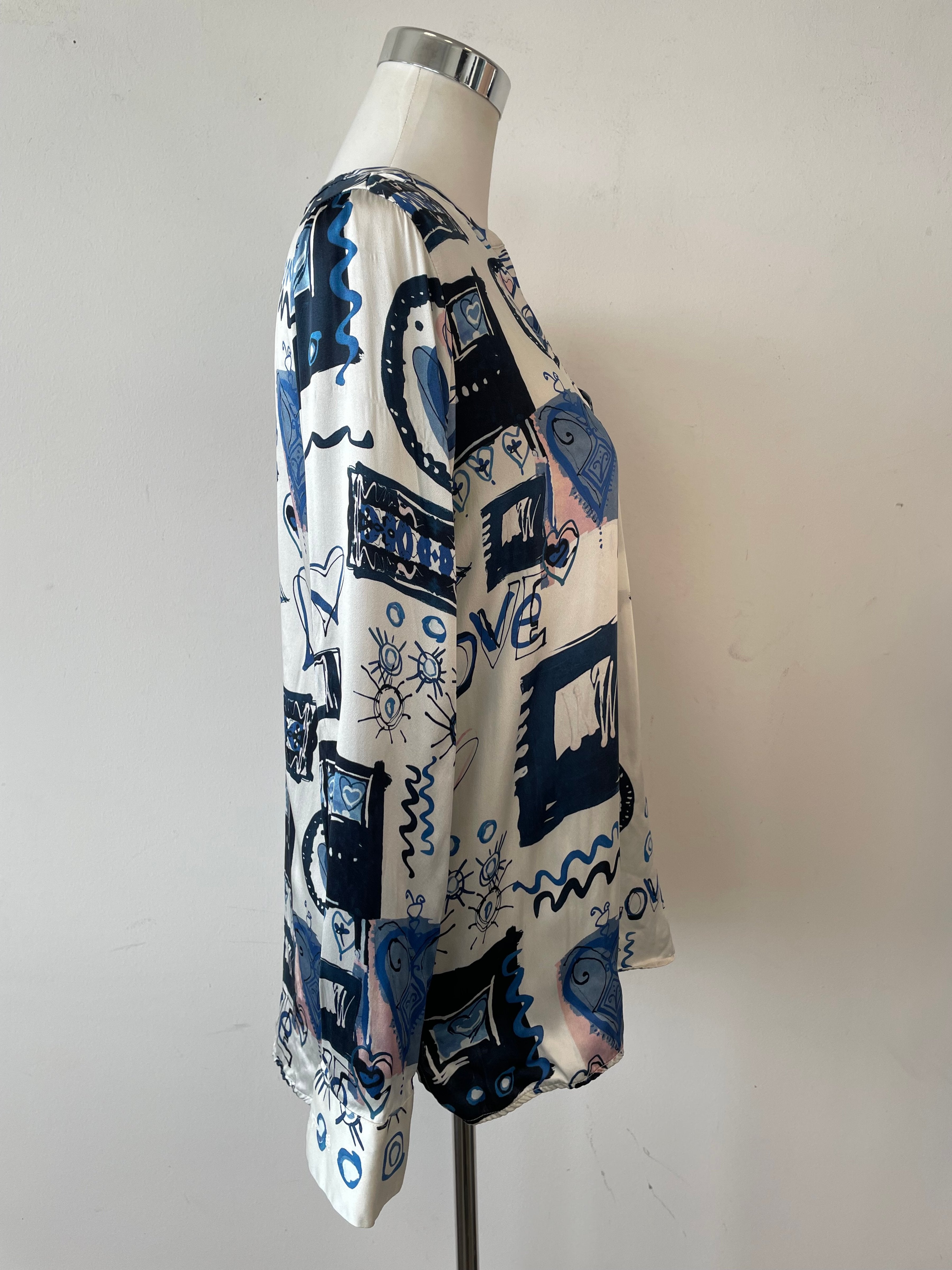 Van Laack Meisterwerk Love From Paris Blouse 34 White Blue Black Print Silk