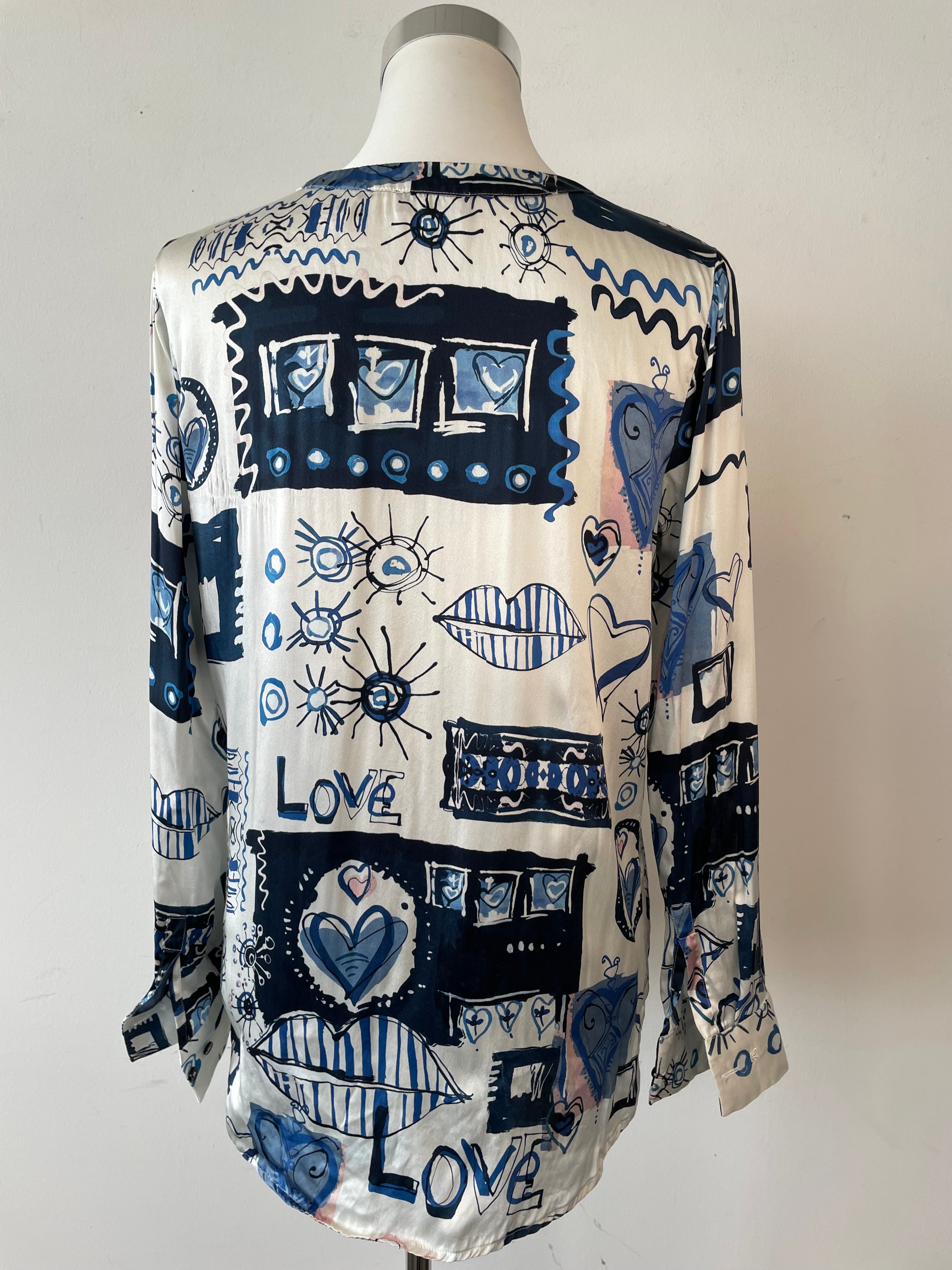 Van Laack Meisterwerk Love From Paris Blouse 34 White Blue Black Print Silk