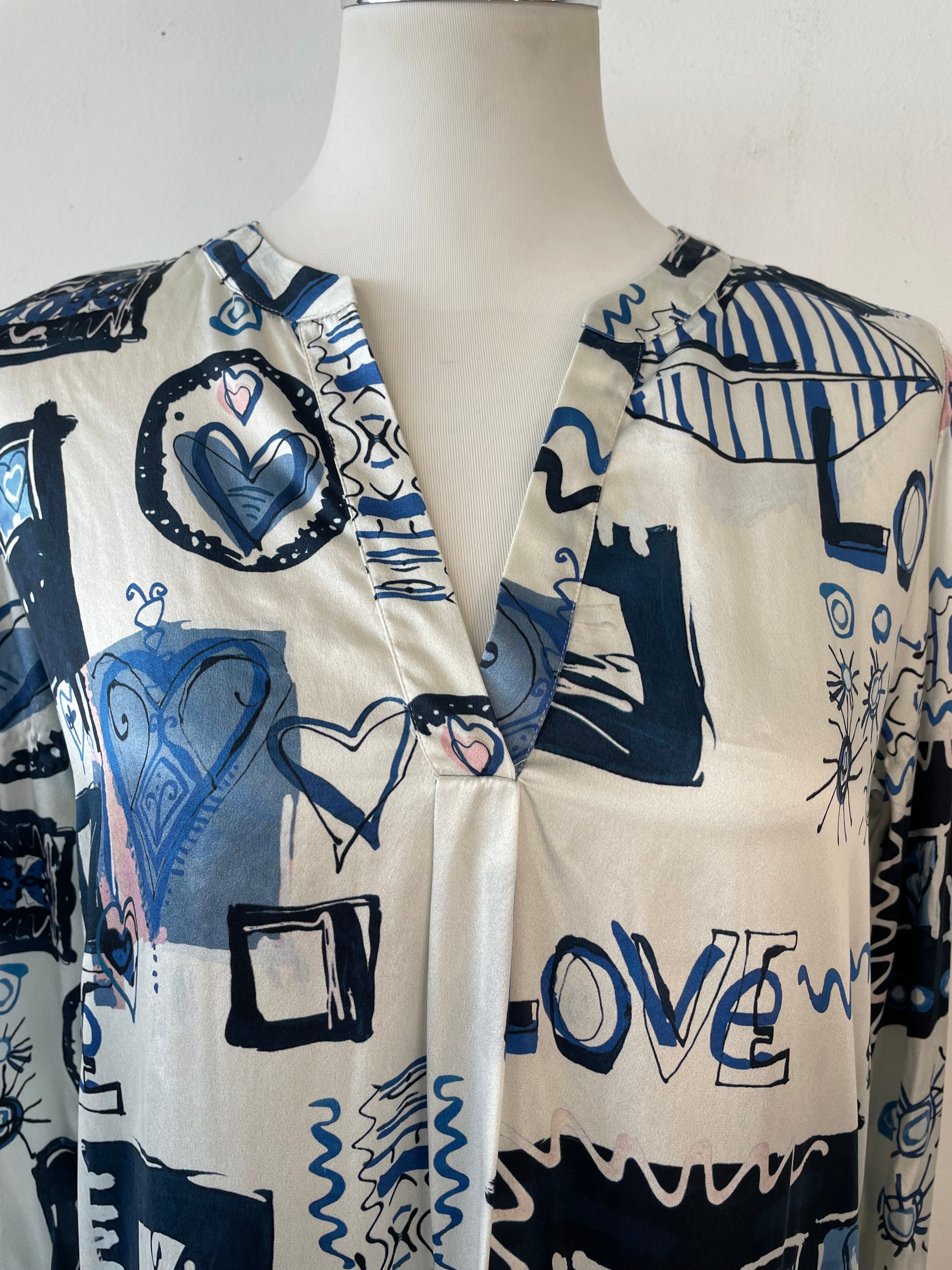 Van Laack Meisterwerk Love From Paris Blouse 34 White Blue Black Print Silk