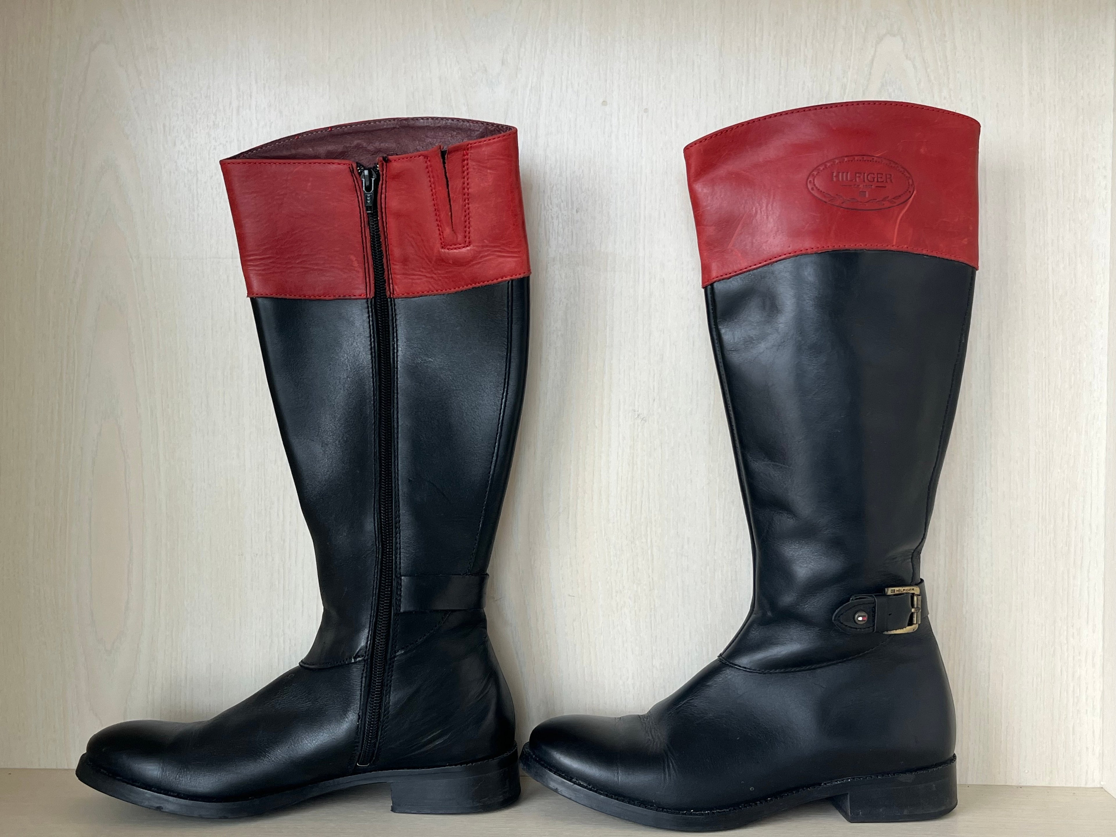 Tommy Hilfiger Damen Leder Reitstiefel EU 40 Schwarz/Rot Sehr Gut