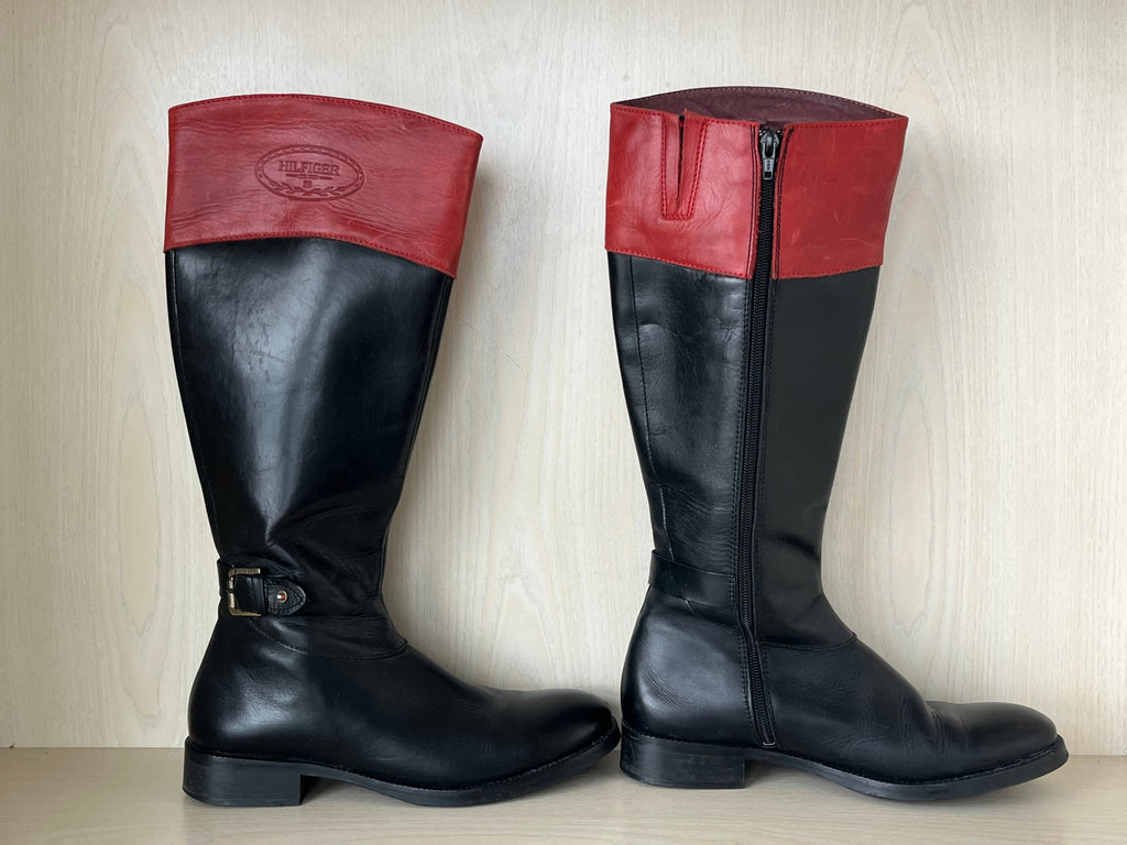 Tommy Hilfiger Damen Leder Reitstiefel EU 40 Schwarz/Rot Sehr Gut