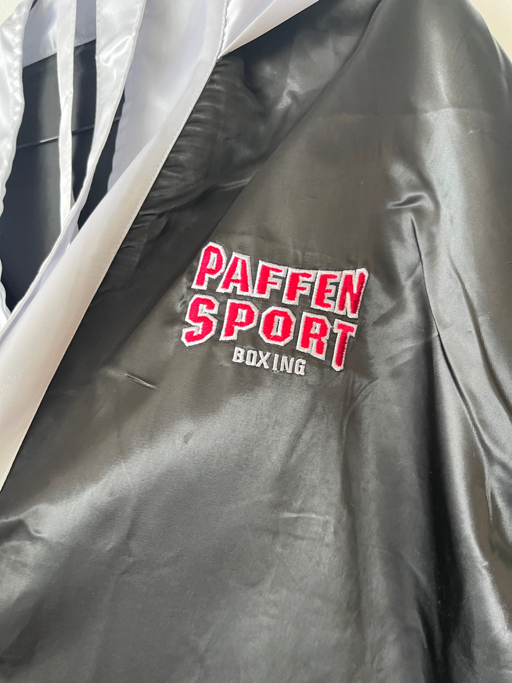 Paffen Sport Satin Boxing Robe, Black/White, Hood & Belt, Very Good Condition