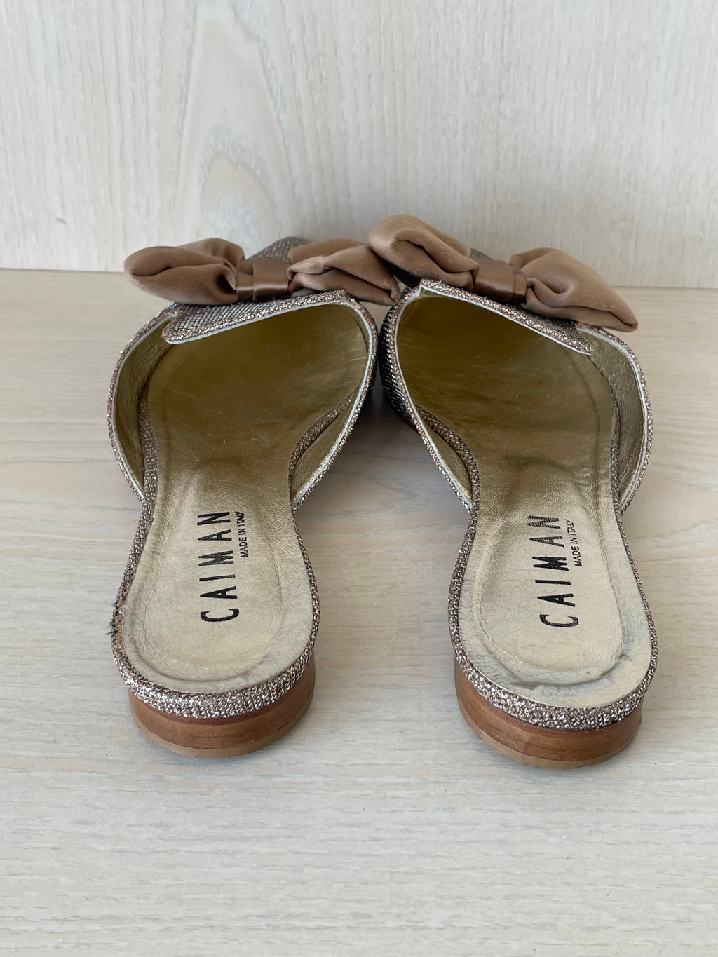 Caiman Glitter-Bow Mules, Gold, Gr. 38.5, Sehr Gut