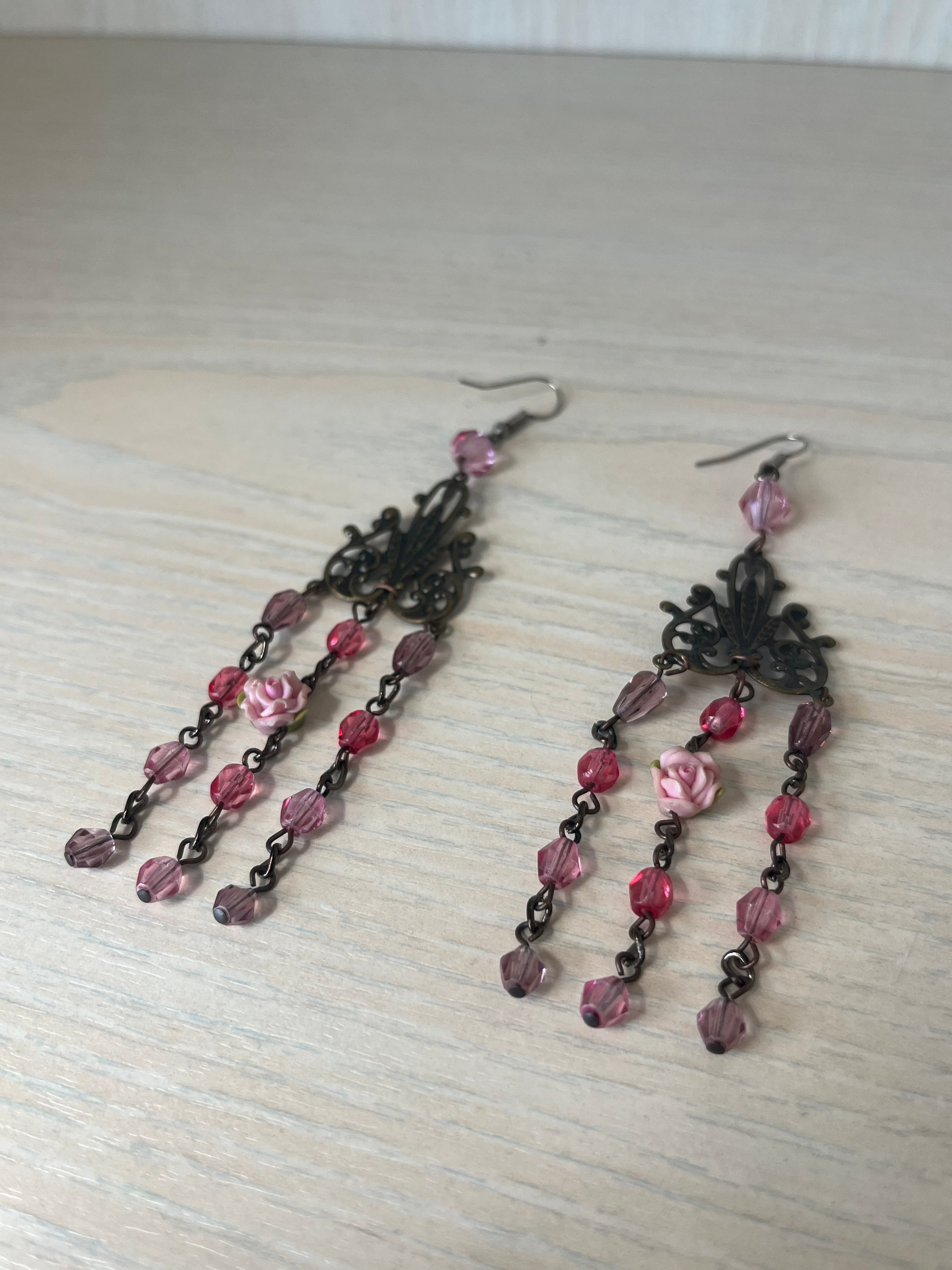 Antika Ohrringe Dangle Pink Rose 10cm Sehr Gut