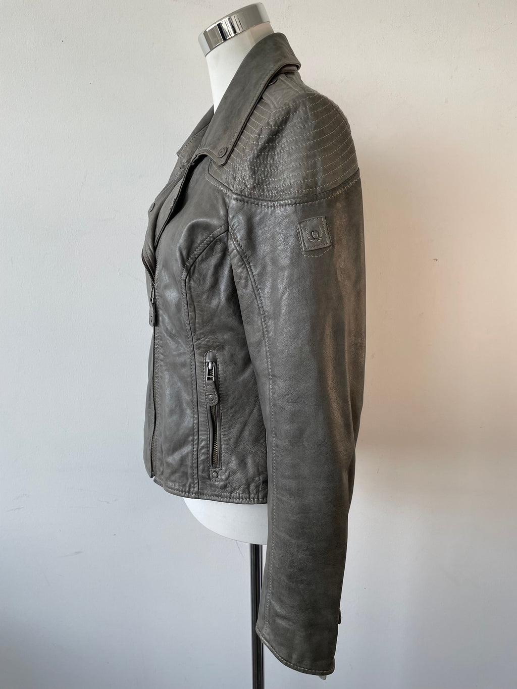 Mauritius Grey Leather Biker Jacket, Size 38 EU, Very Good Condition