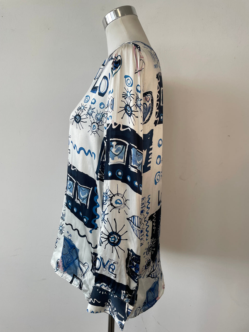 Van Laack Meisterwerk Love From Paris Blouse 34 White Blue Black Print Silk
