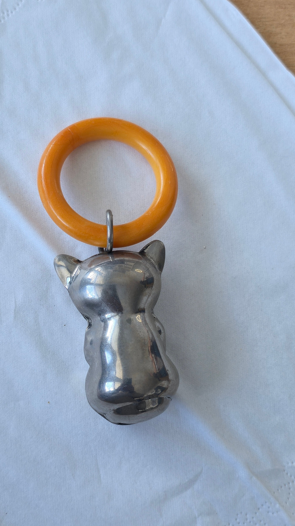 Vintage Silber Bär Babyrassel mit Beißring | ca. 10cm | Silber/Orange | Gut
