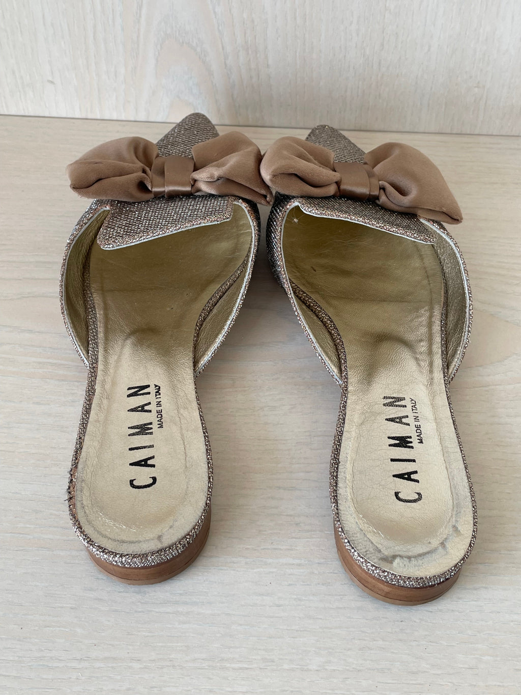 Caiman Glitter-Bow Mules, Gold, Gr. 38.5, Sehr Gut