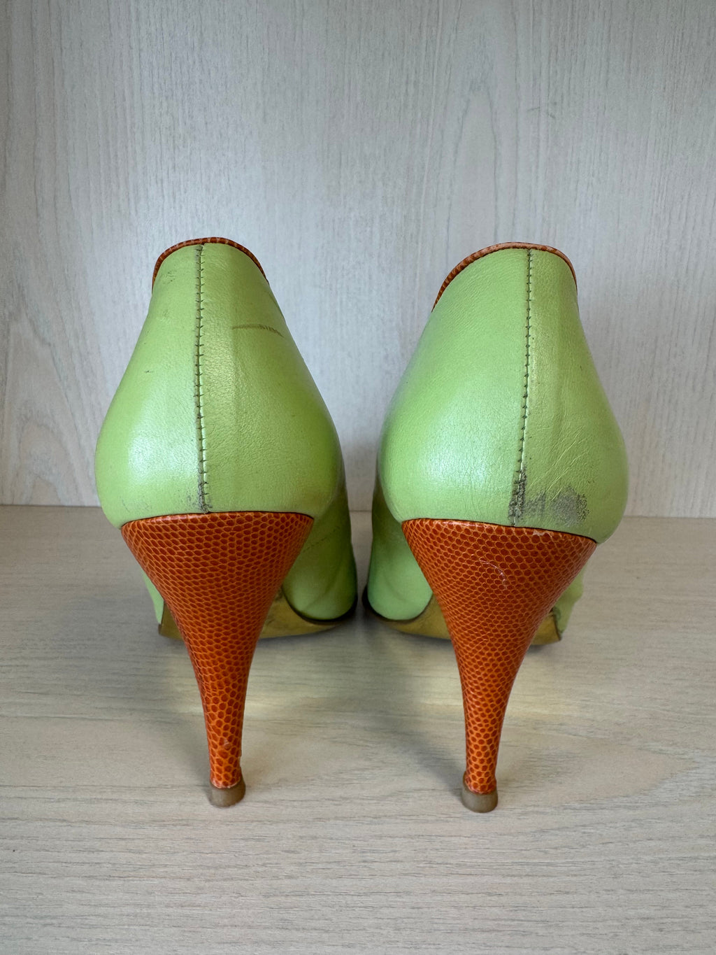 Dolce & Gabbana Floral Kitten Heels 39 Apfelgrün Orange Leder 10cm Gebraucht