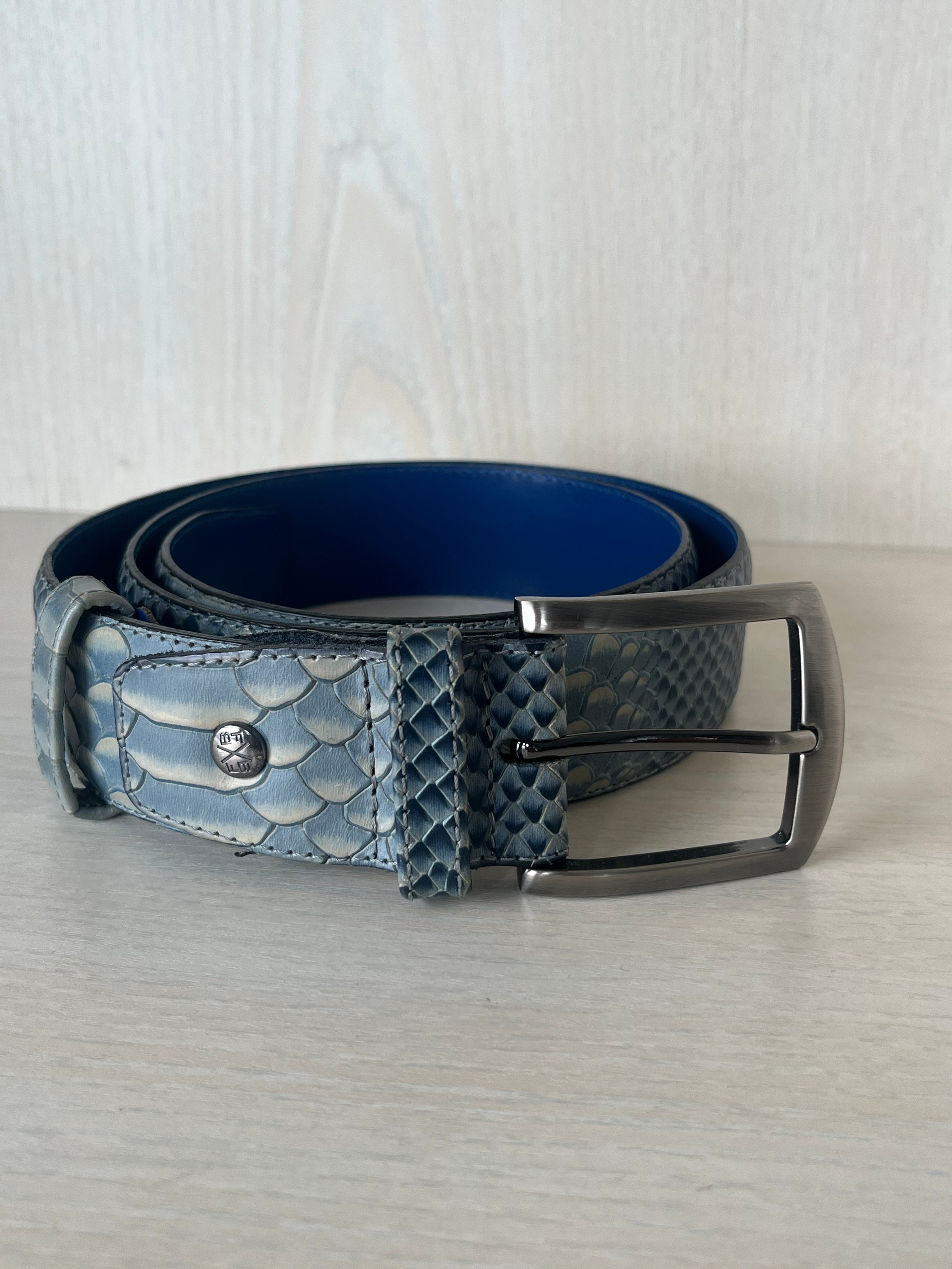 Floris van Bommel Gürtel 75155, Blau, Schlangenleder, 115 cm, Sehr guter Zustand