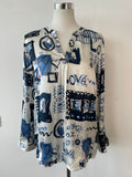 Van Laack Meisterwerk Love From Paris Blouse 34 White Blue Black Print Silk