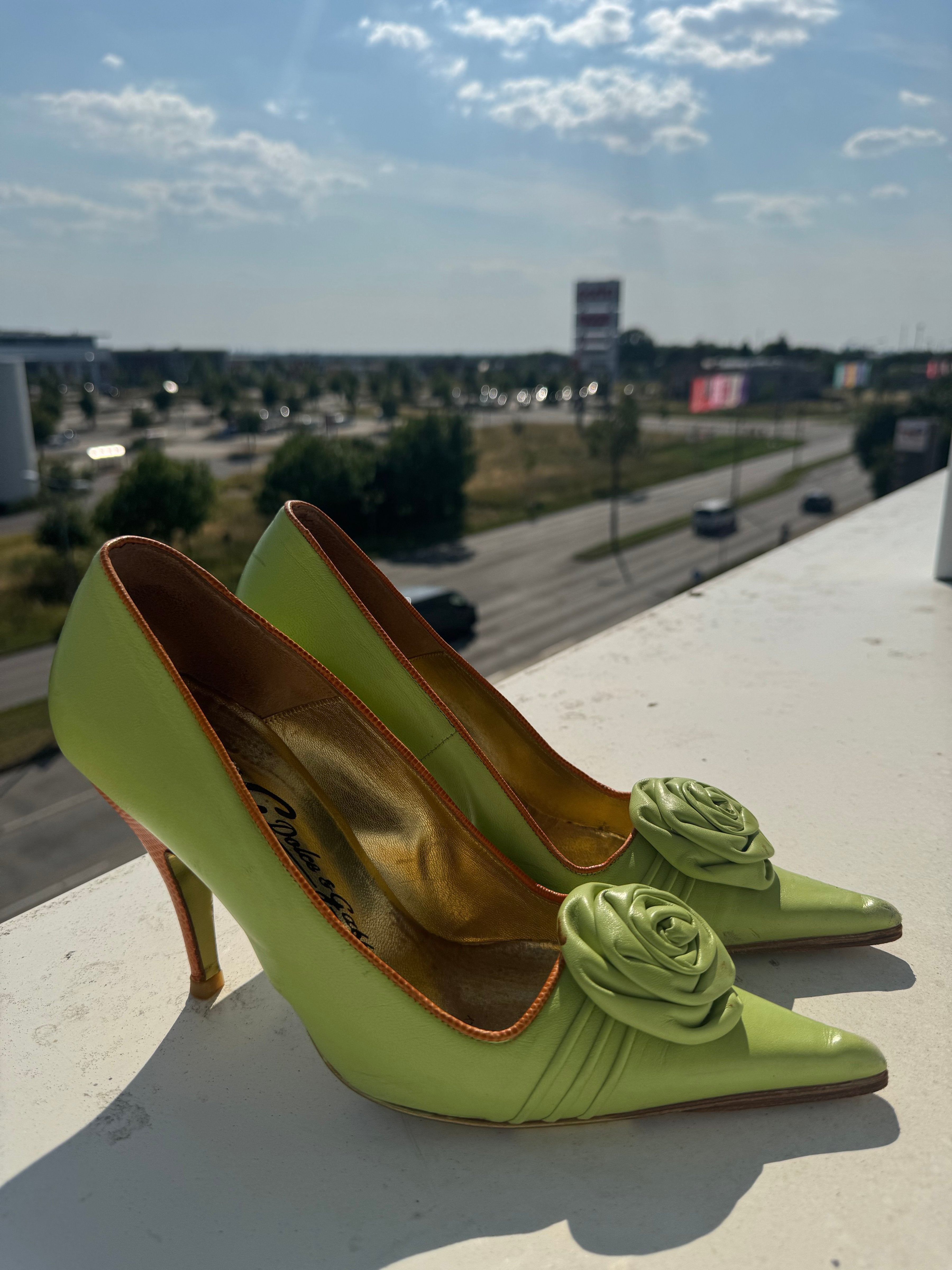 Dolce & Gabbana Floral Kitten Heels 39 Apfelgrün Orange Leder 10cm Gebraucht