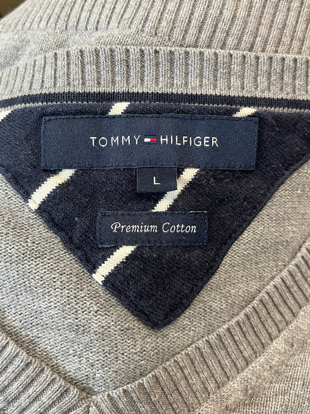 Tommy Hilfiger Cotton V-Neck Sweater, Grey, Size L, Very Good Condition
