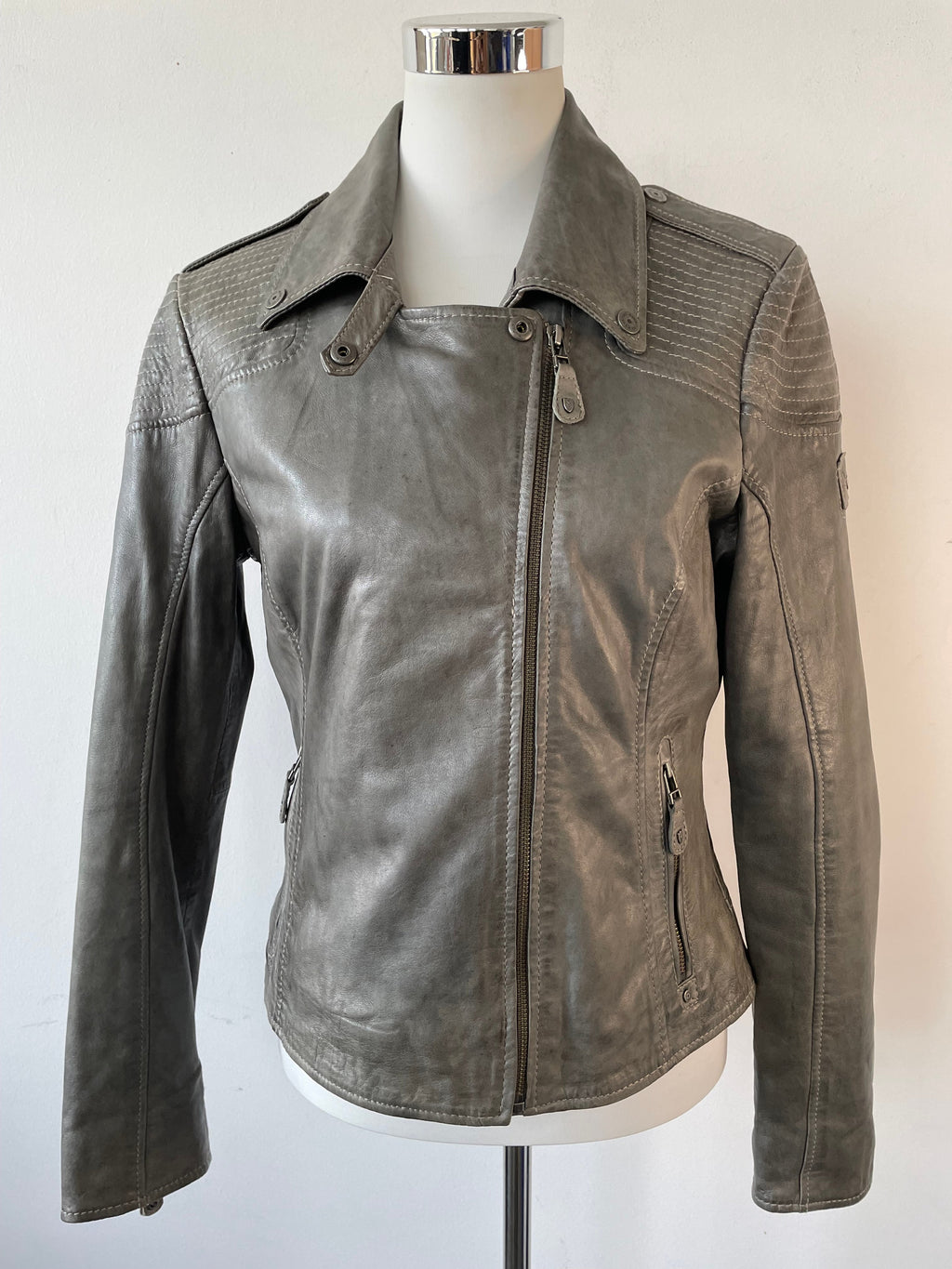 Mauritius Grey Leather Biker Jacket, Size 38 EU, Very Good Condition