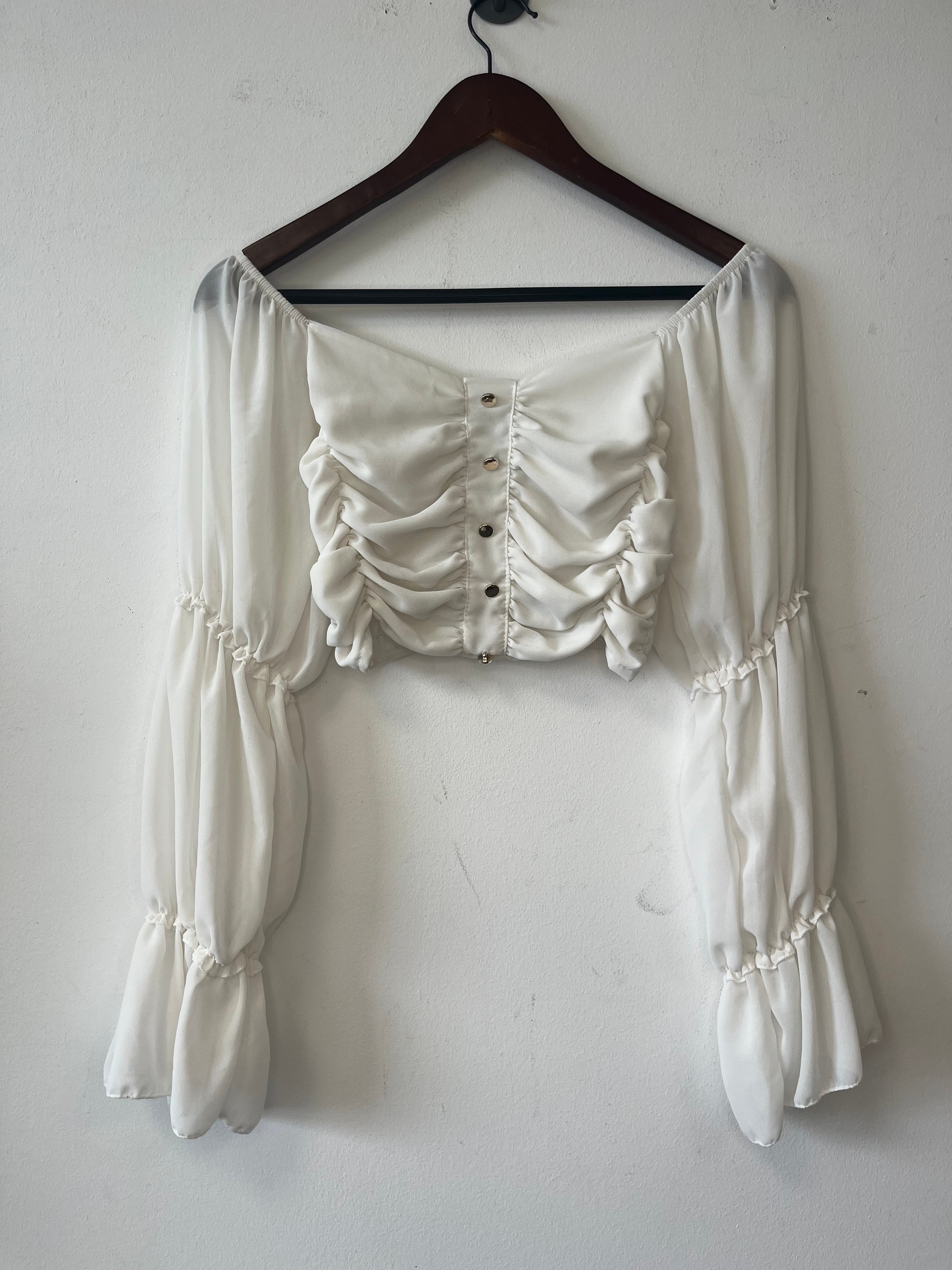 Nasty Gal Shirred Balloon Sleeve Top Weiß S Chiffon Gebraucht