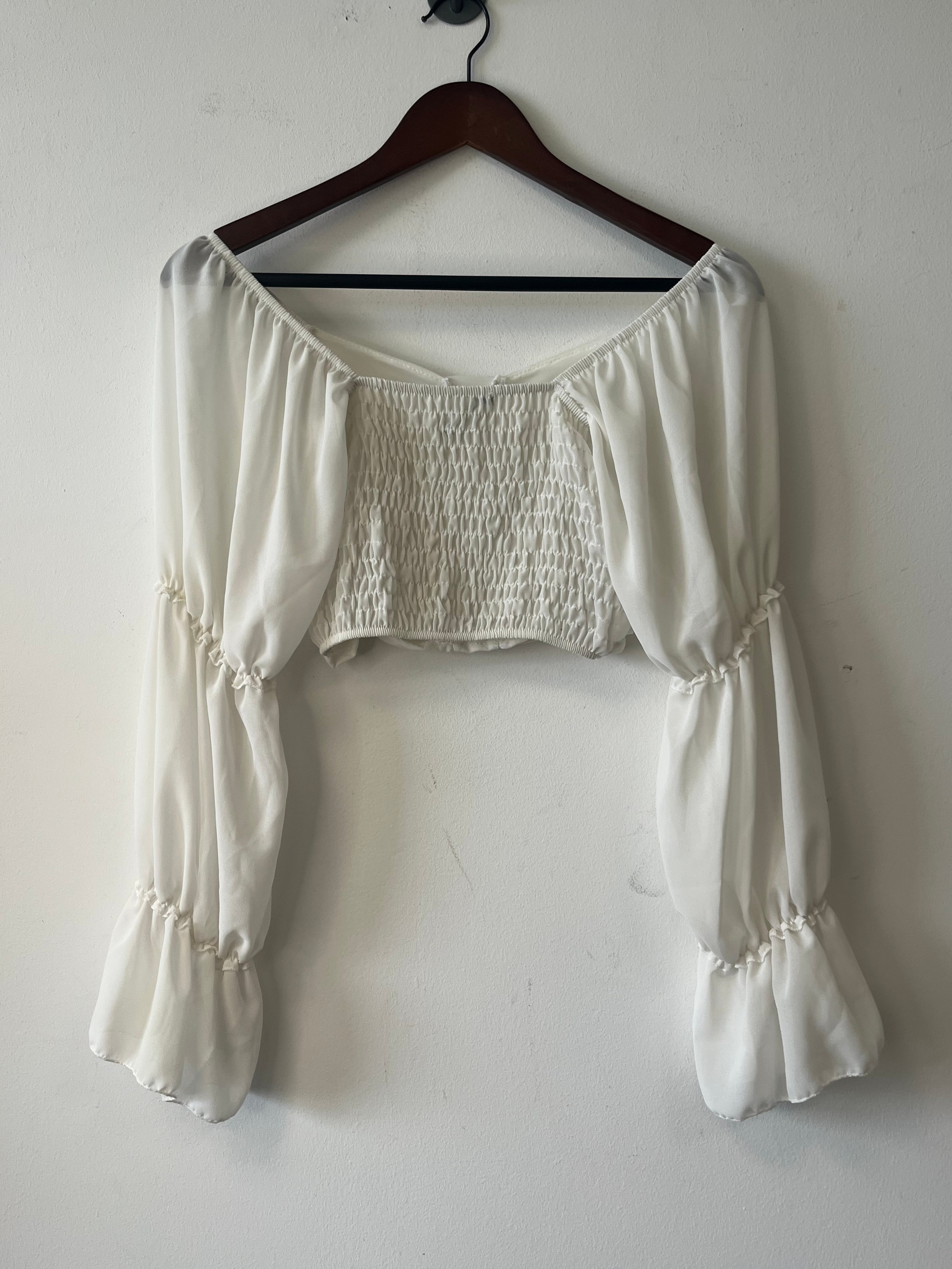 Nasty Gal Shirred Balloon Sleeve Top Weiß S Chiffon Gebraucht