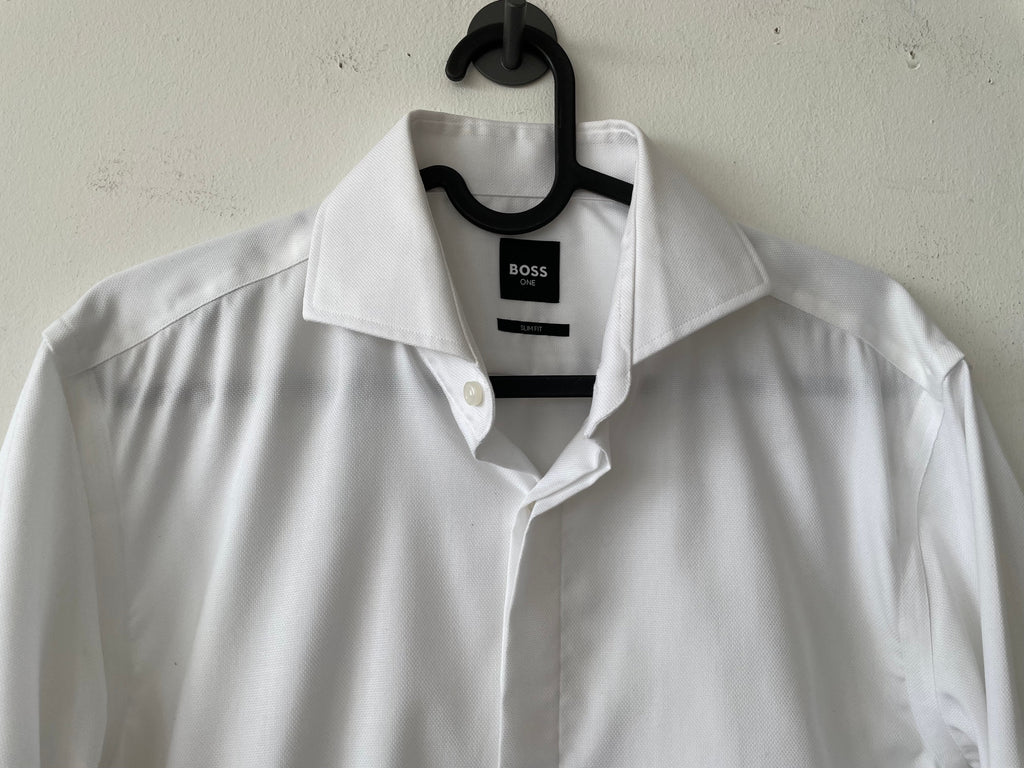 BOSS H-HANK Slim-Fit Tuxedo Shirt, White, Size 15/38 - Good Condition