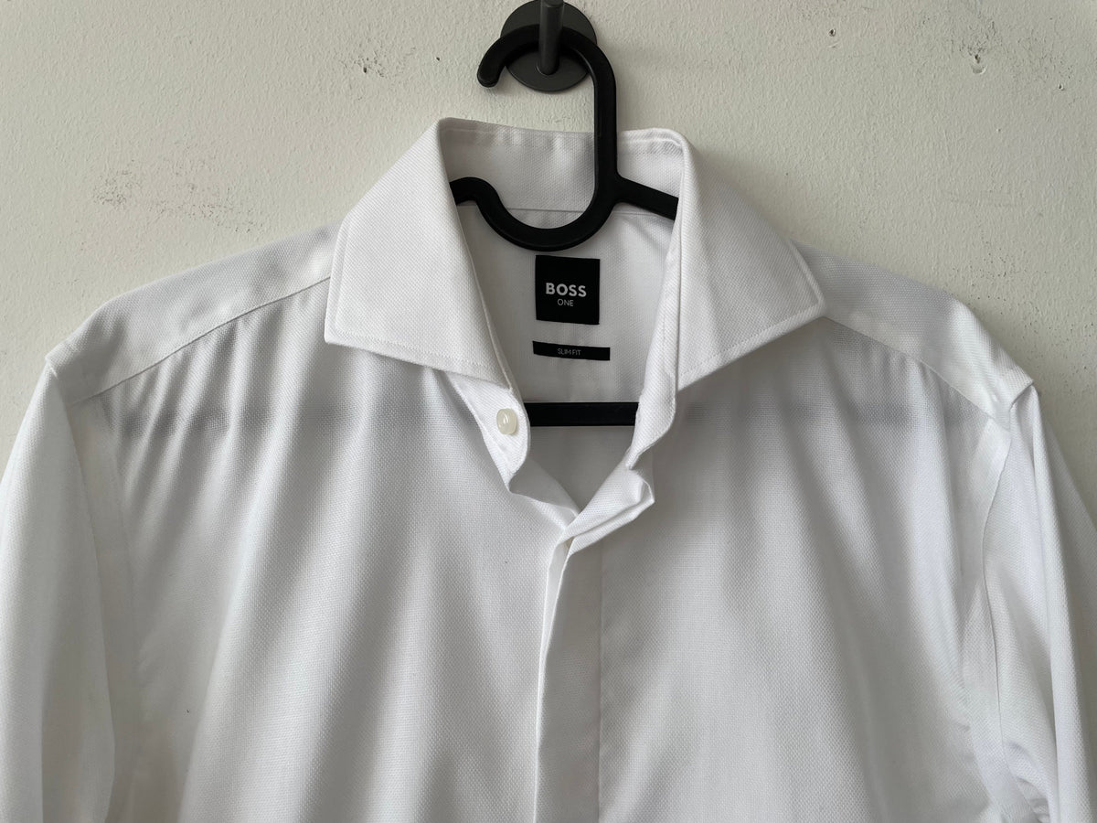 BOSS H-HANK Slim-Fit Tuxedo Shirt, White, Size 15/38 - Good Condition