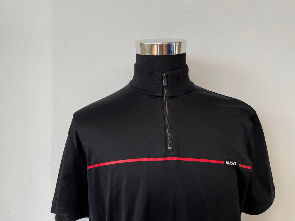 HUGO by Hugo Boss Quarter-Zip Polo, Black/Red Trim, Size M, Very Good