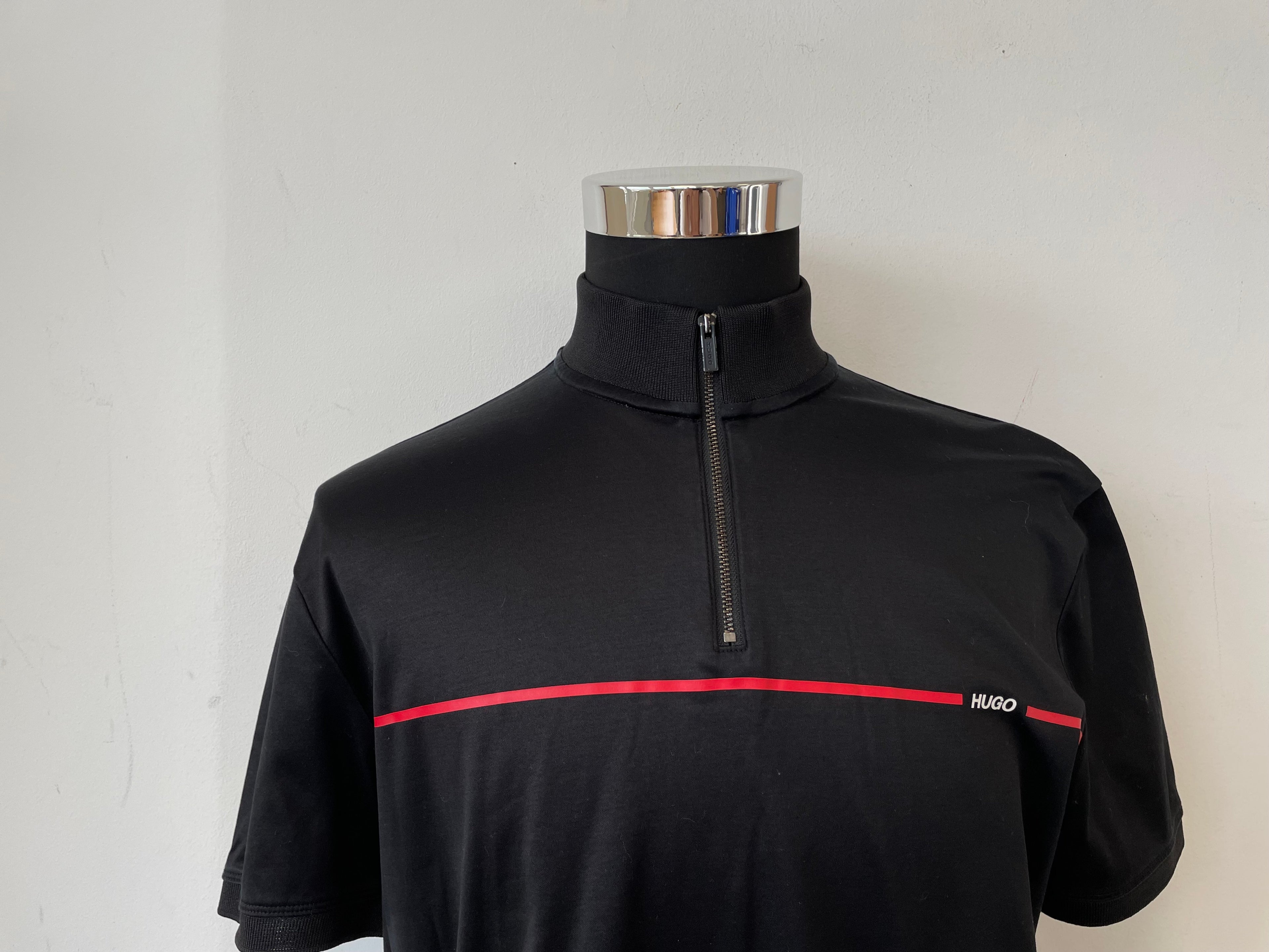 HUGO by Hugo Boss Quarter-Zip Polo, Black/Red Trim, Size M, Very Good