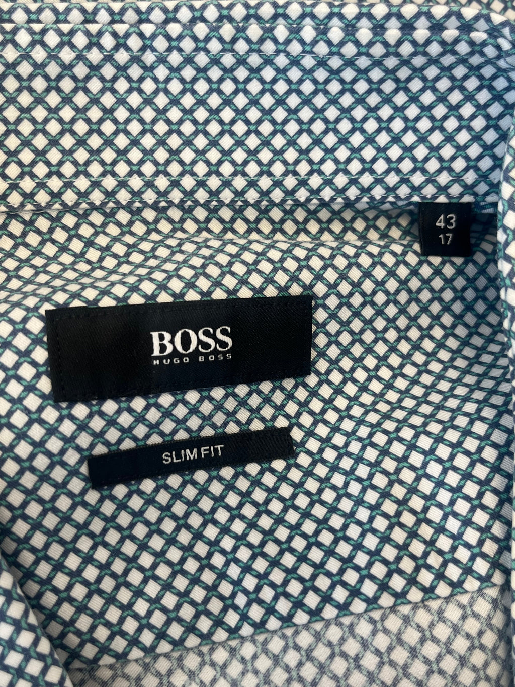 Hugo Boss Dress Shirt Slim Fit Blue Geometric 43 (17) Very Good