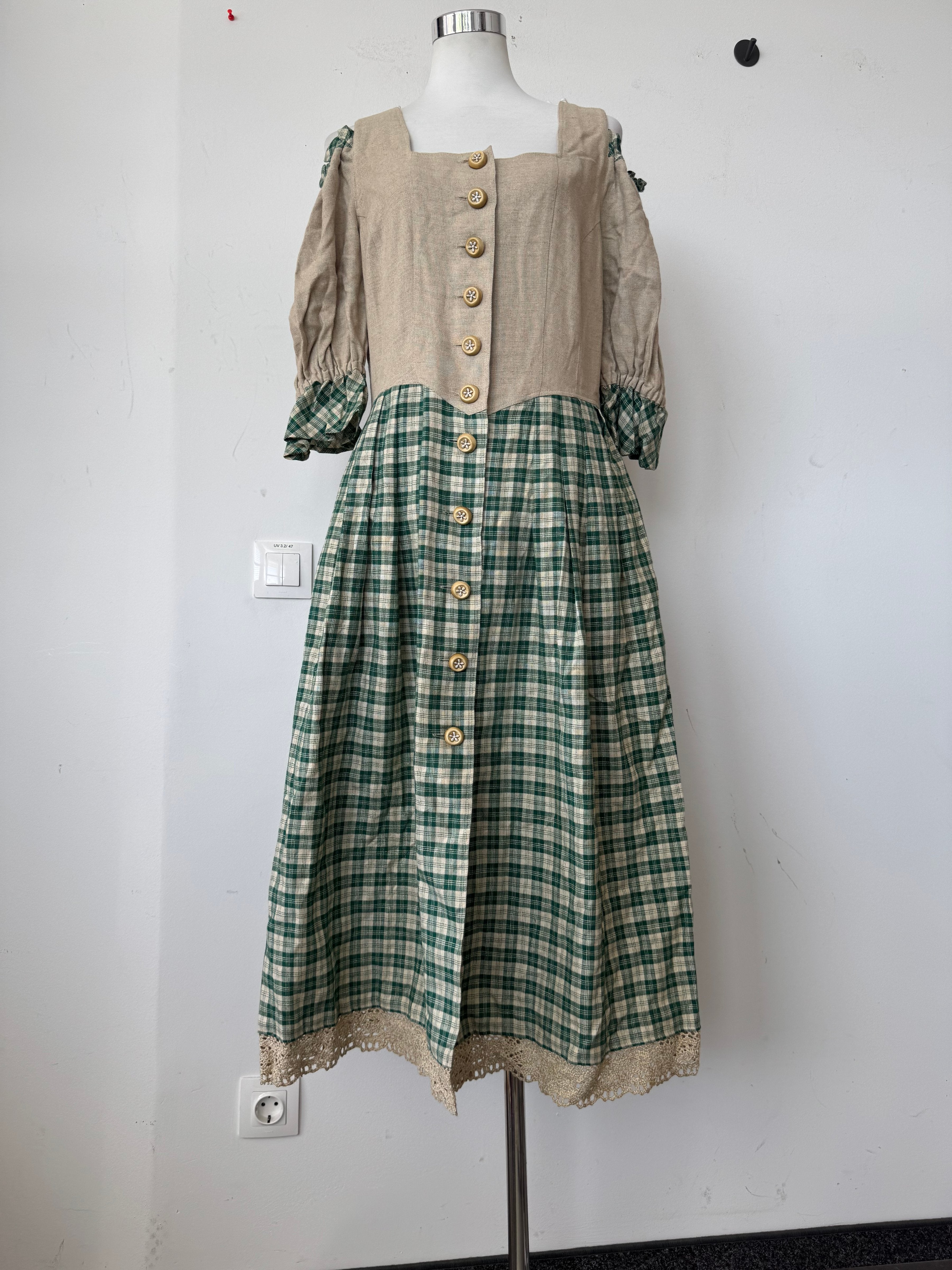 Your Sixth Sense Traditional Dirndl Dress M Beige Green Linen Very Good Condition
