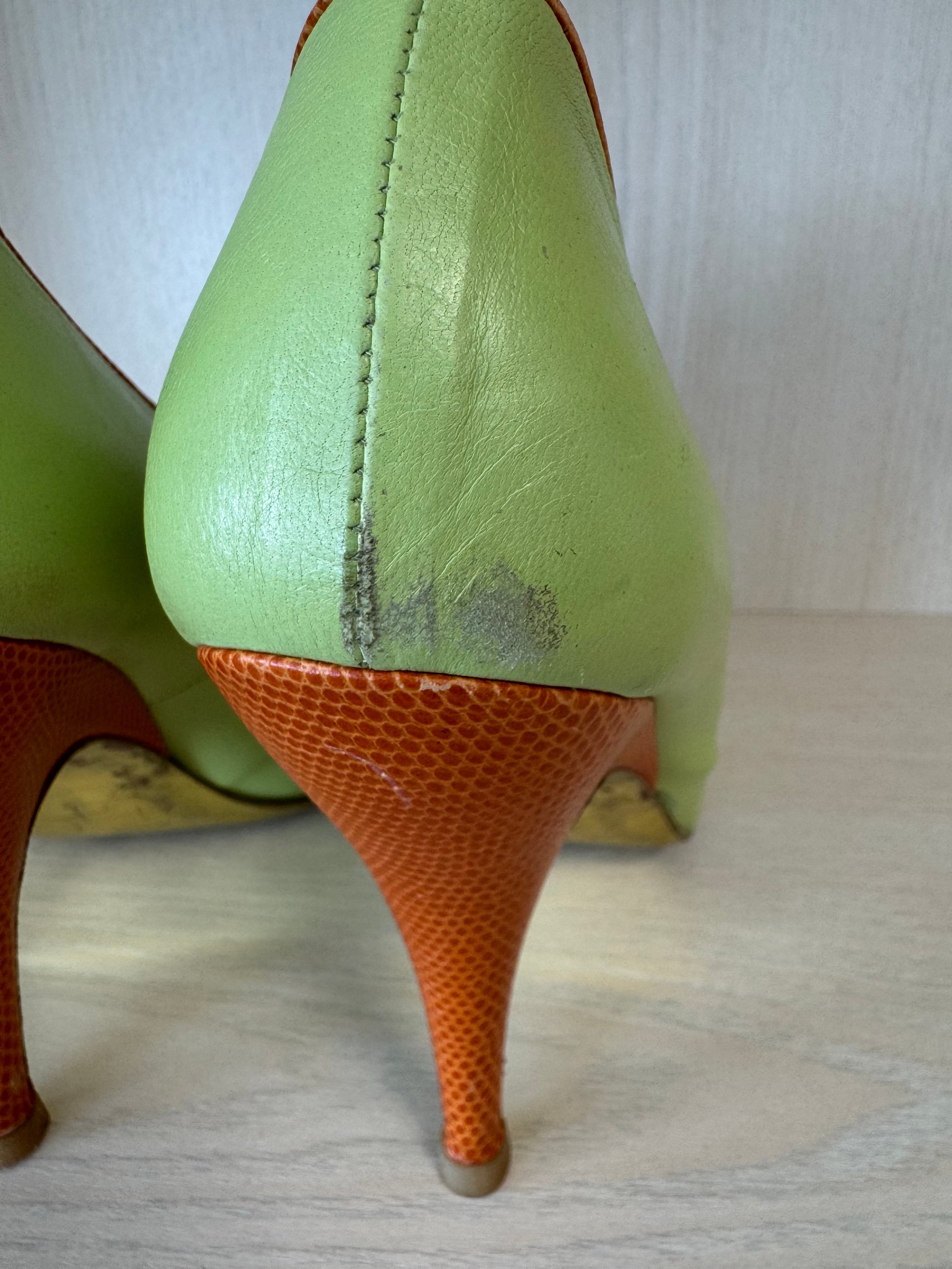 Dolce & Gabbana Floral Kitten Heels 39 Apfelgrün Orange Leder 10cm Gebraucht