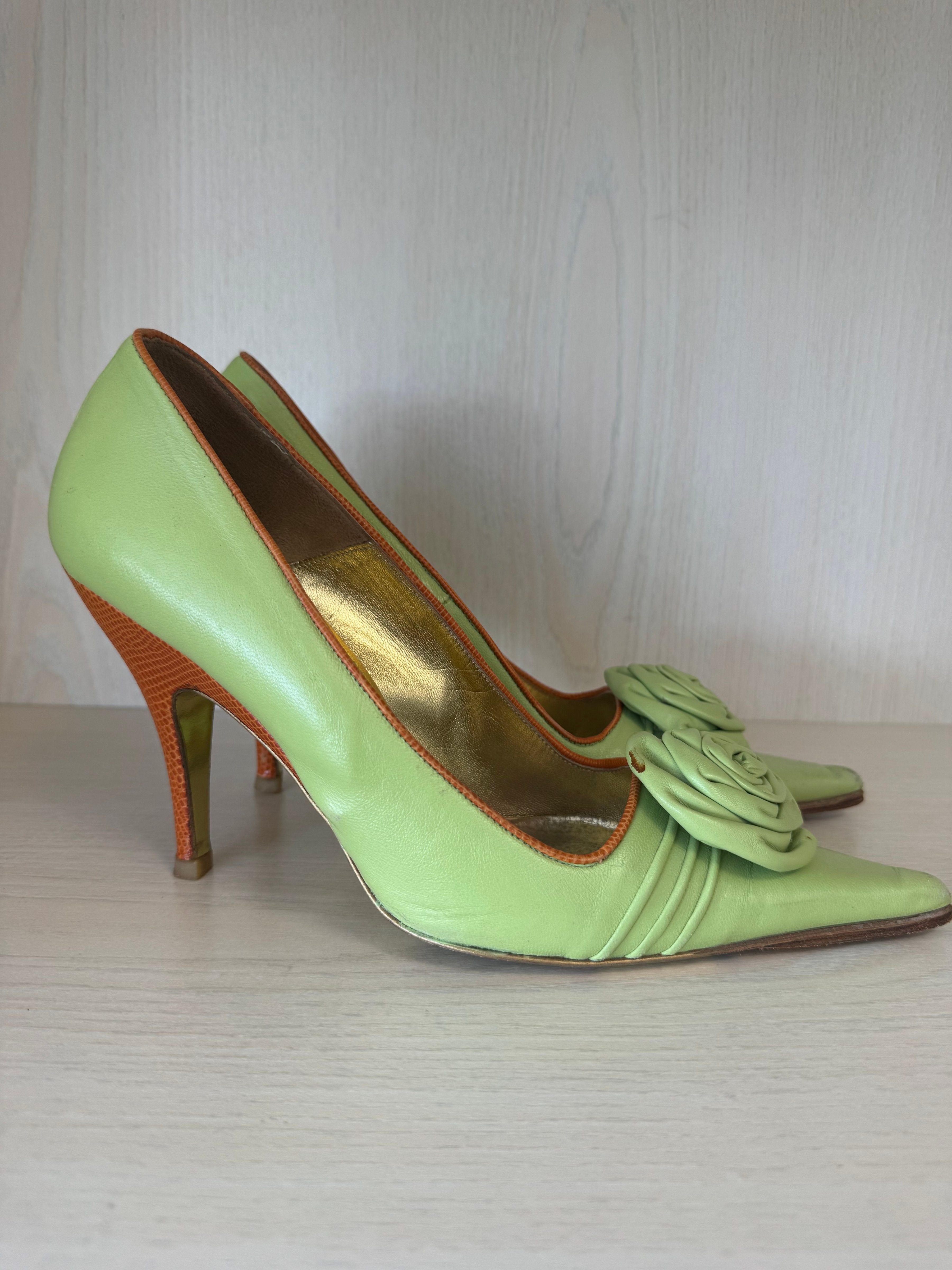 Dolce & Gabbana Floral Kitten Heels 39 Apfelgrün Orange Leder 10cm Gebraucht