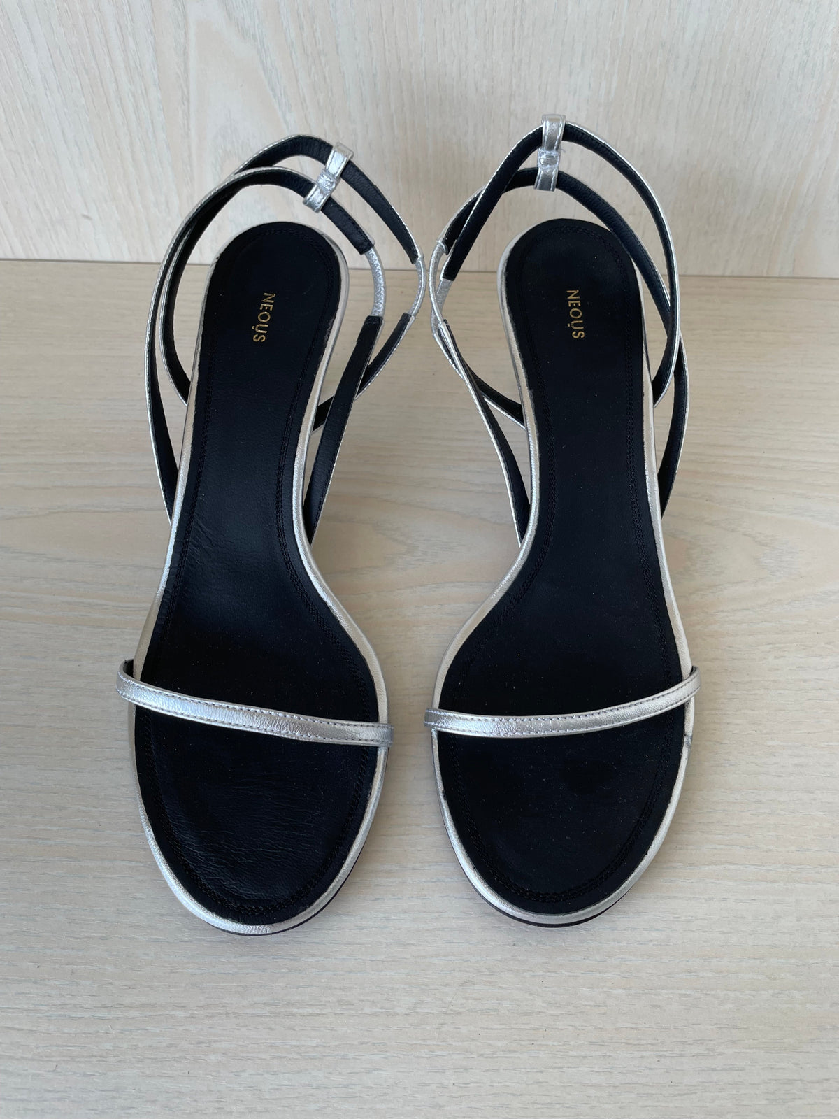 Neous Strappy Kitten Heel Sandals, Silver/Black, Size 38 EU, Like New