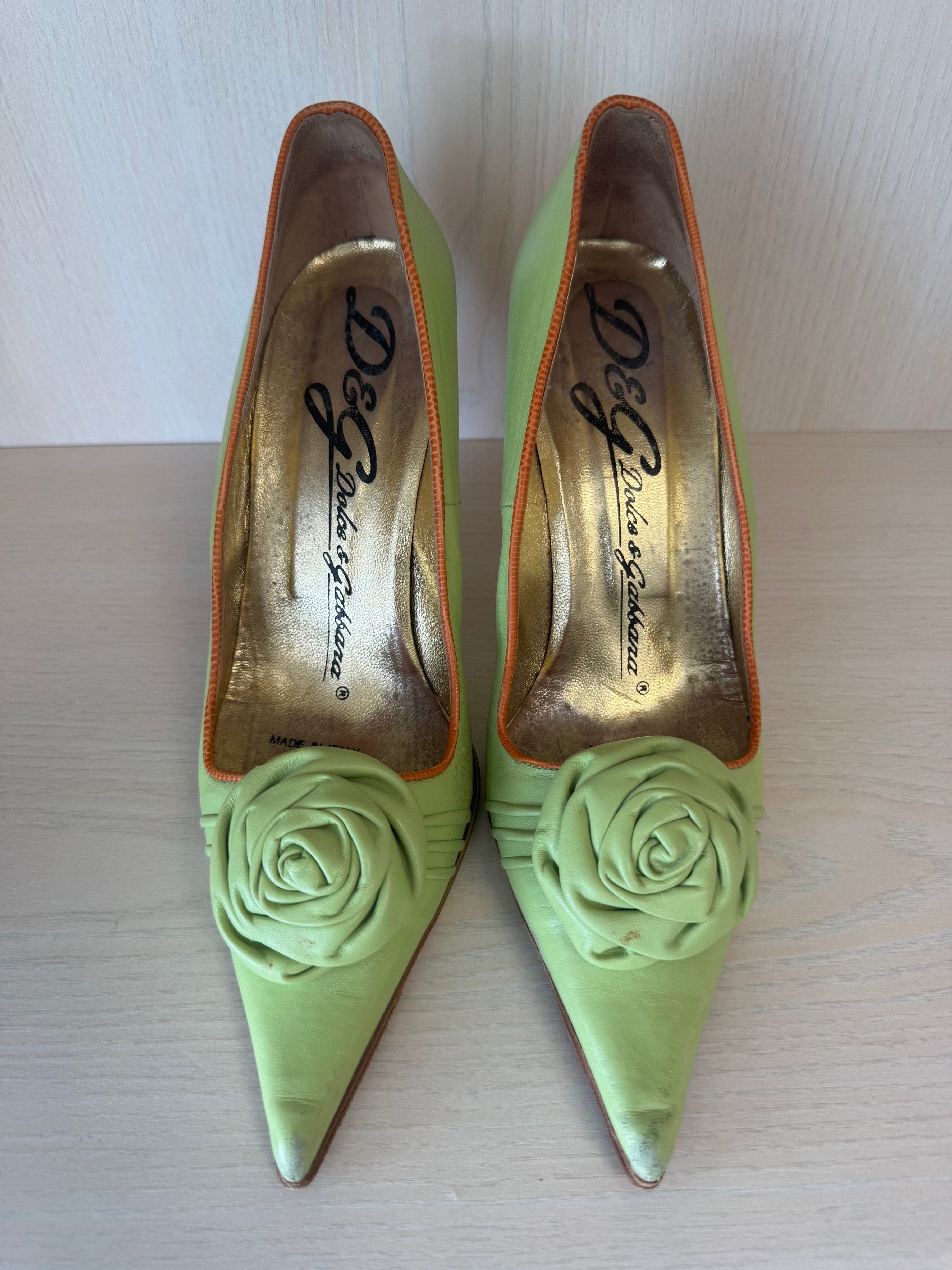 Dolce & Gabbana Floral Kitten Heels 39 Apfelgrün Orange Leder 10cm Gebraucht