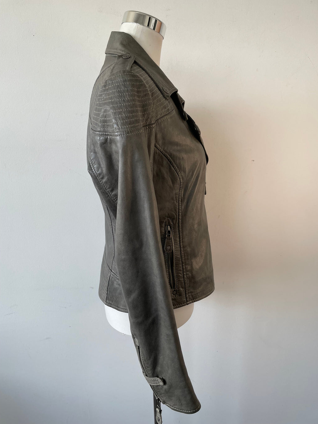 Mauritius Grey Leather Biker Jacket, Size 38 EU, Very Good Condition