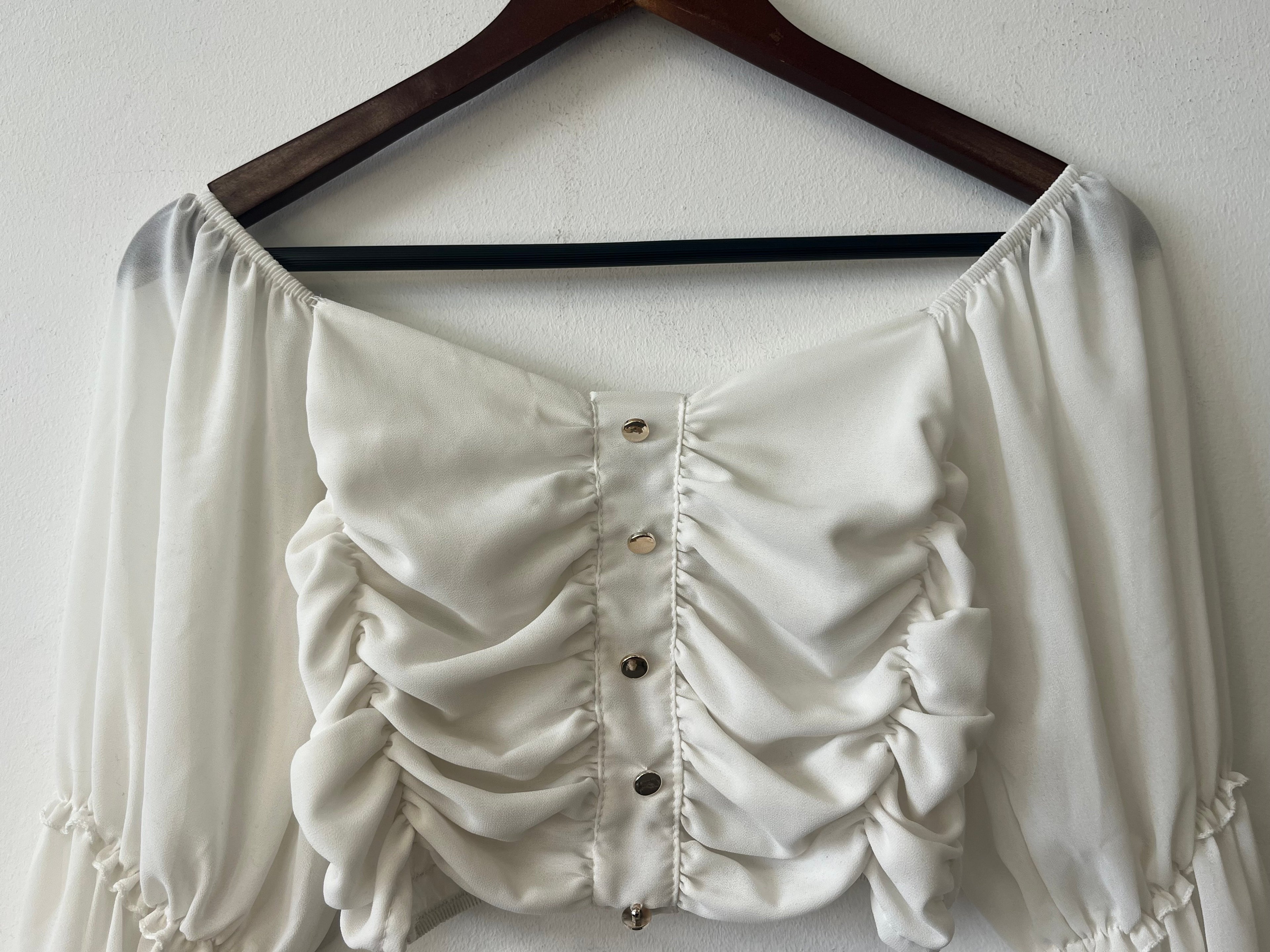 Nasty Gal Shirred Balloon Sleeve Top Weiß S Chiffon Gebraucht