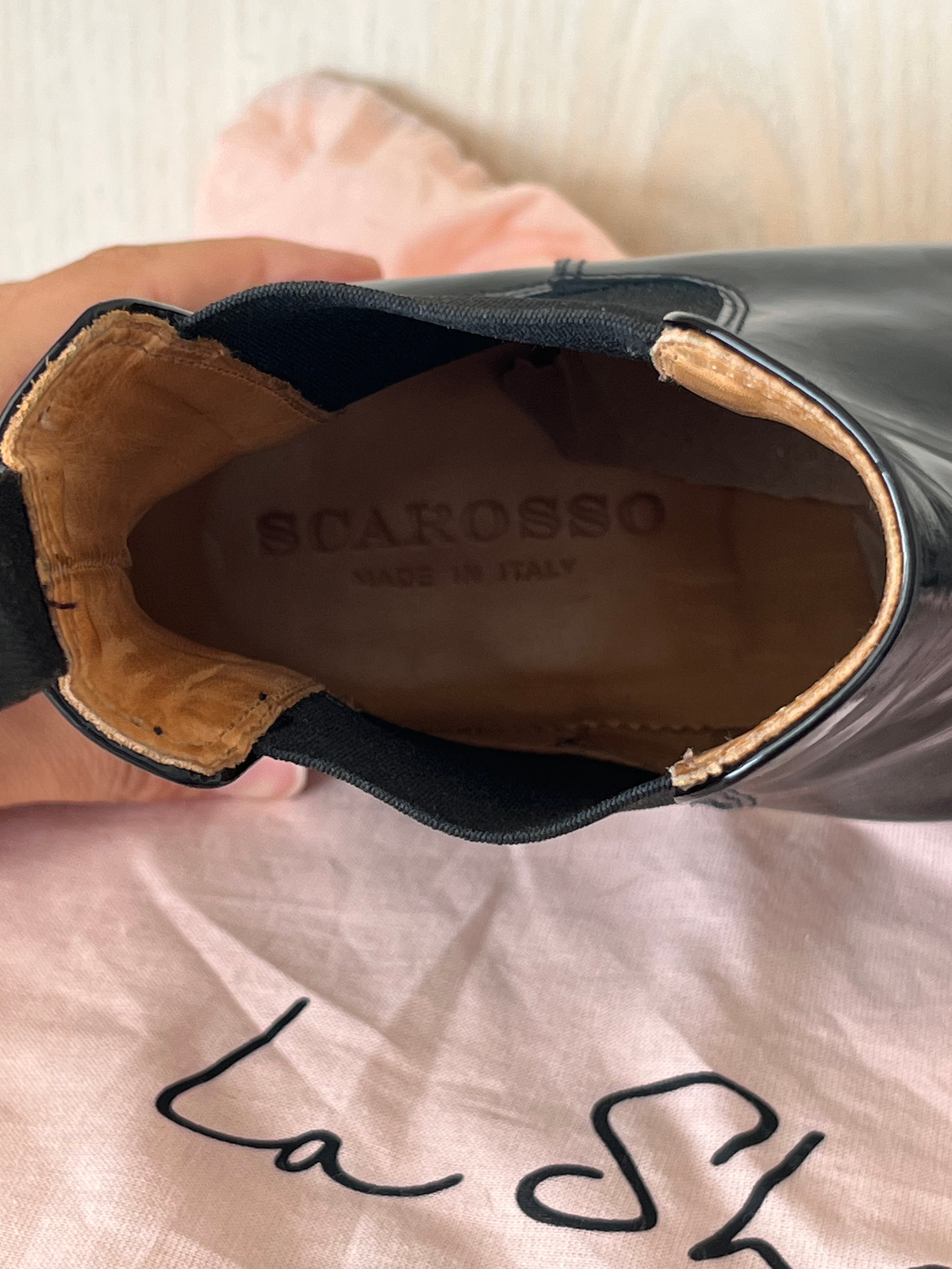 Scarosso Black Patent Leather Ankle Boots, Size 37.5, Very Good Condition