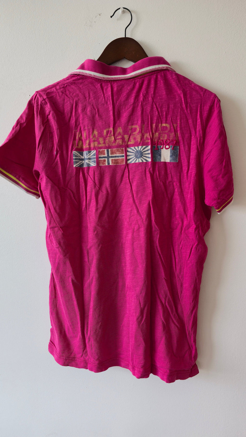 Napapijri Pink Polo Shirt (M) – Flag Print, Good Condition