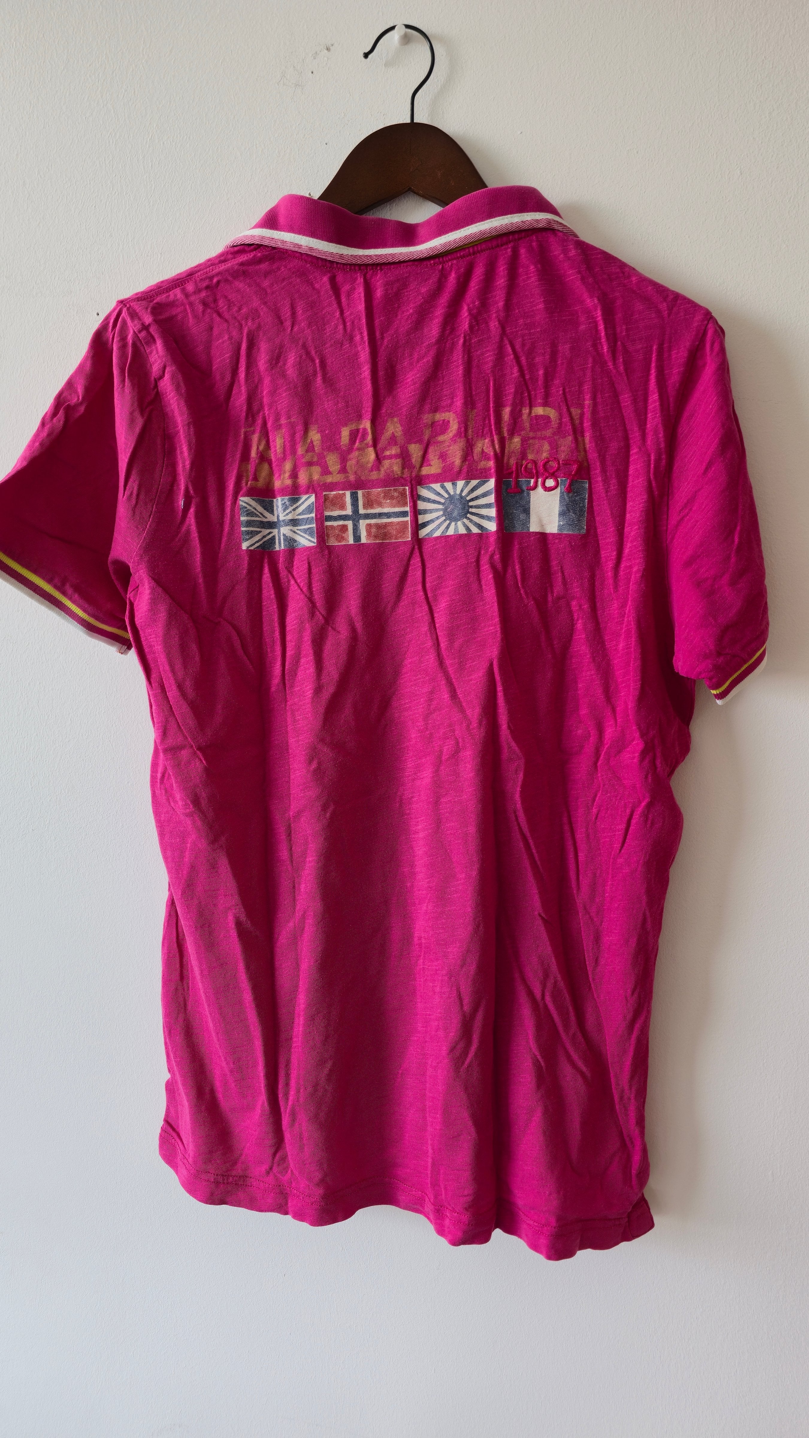 Napapijri Pink Polo Shirt (M) – Flag Print, Good Condition