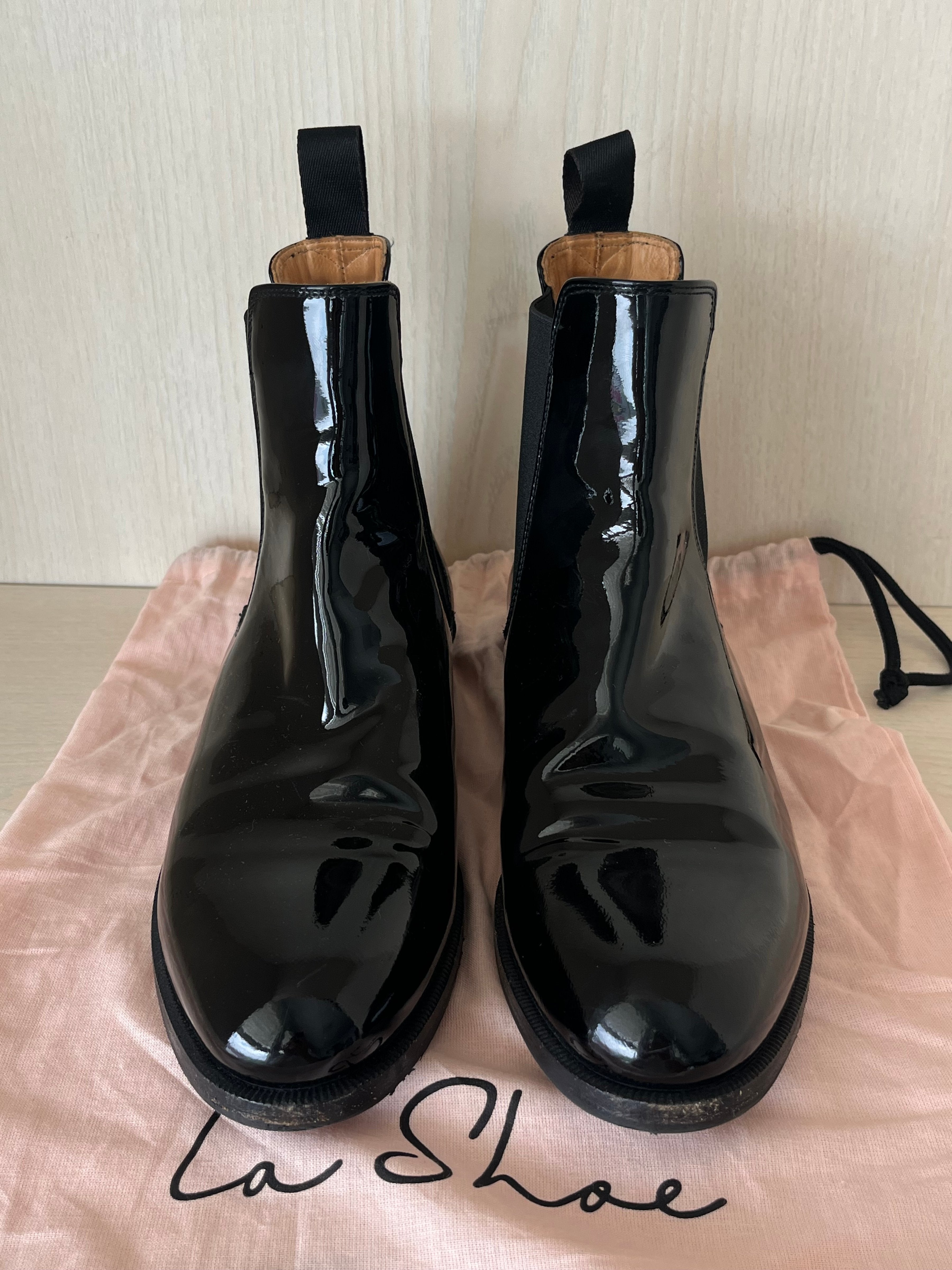 Scarosso Black Patent Leather Ankle Boots, Size 37.5, Very Good Condition