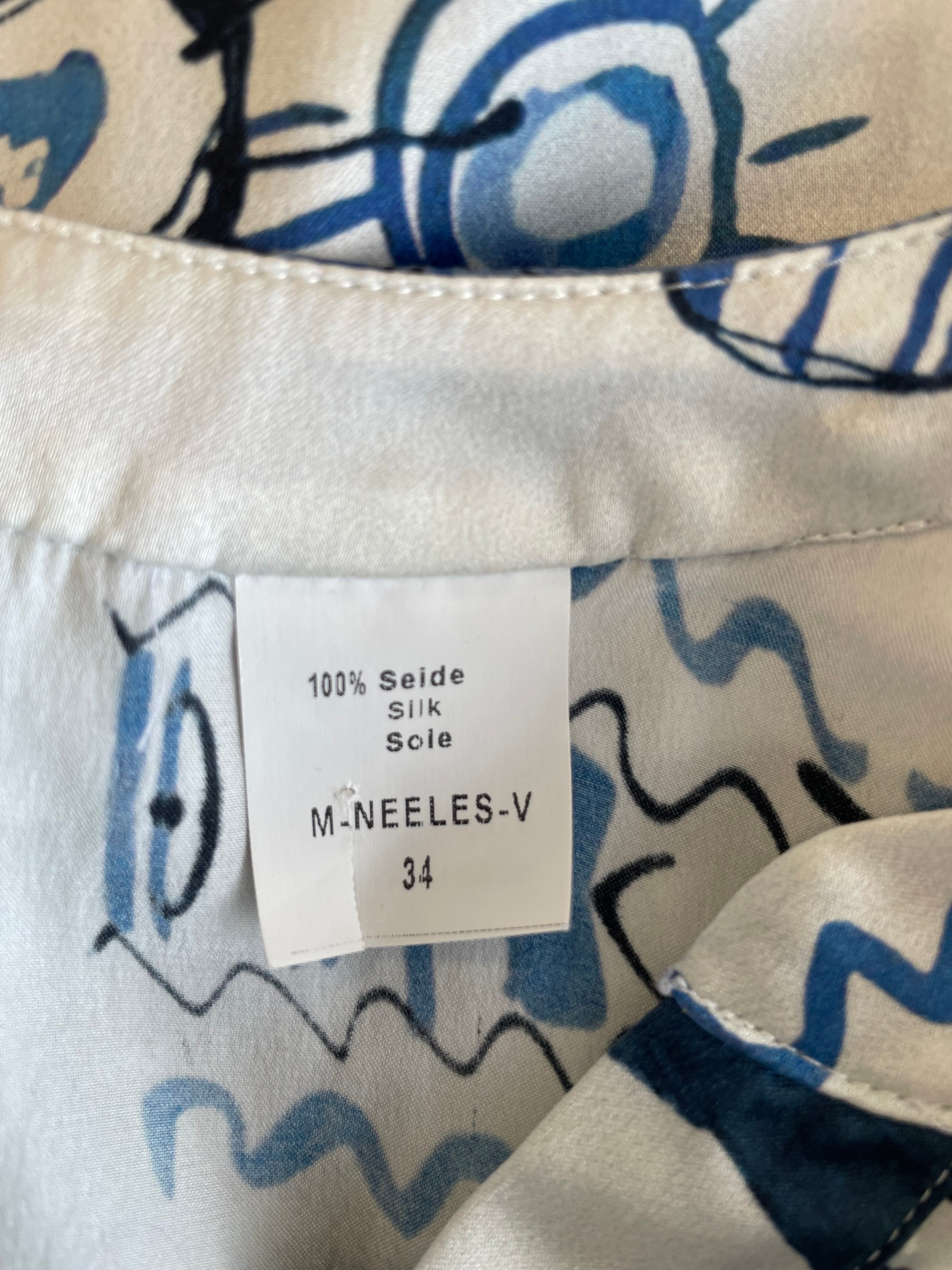 Van Laack Meisterwerk Love From Paris Blouse 34 White Blue Black Print Silk