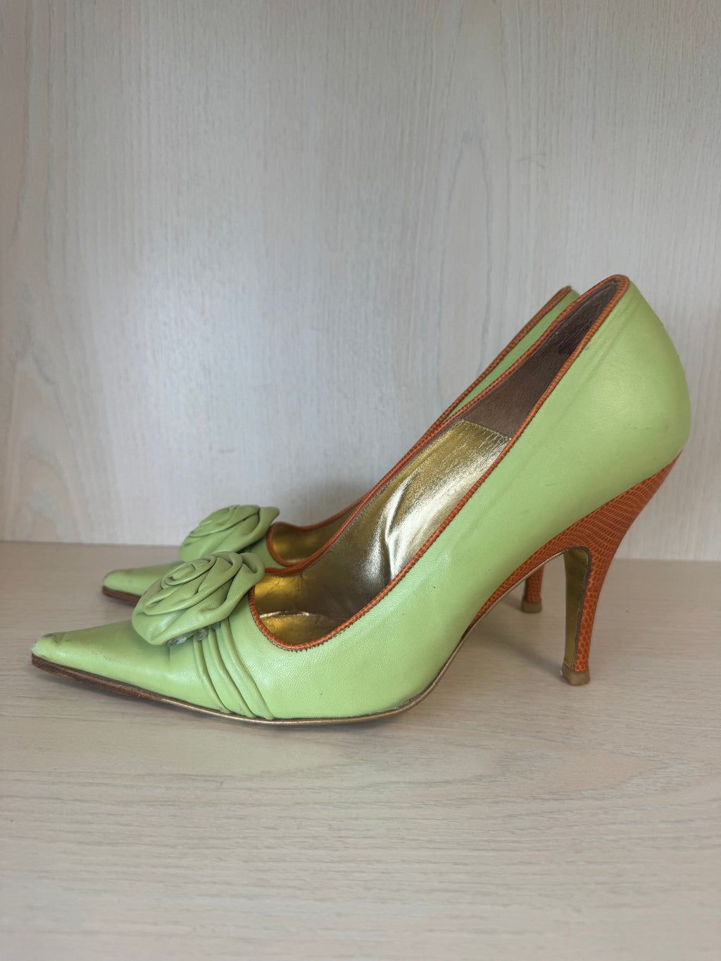Dolce & Gabbana Floral Kitten Heels 39 Apfelgrün Orange Leder 10cm Gebraucht
